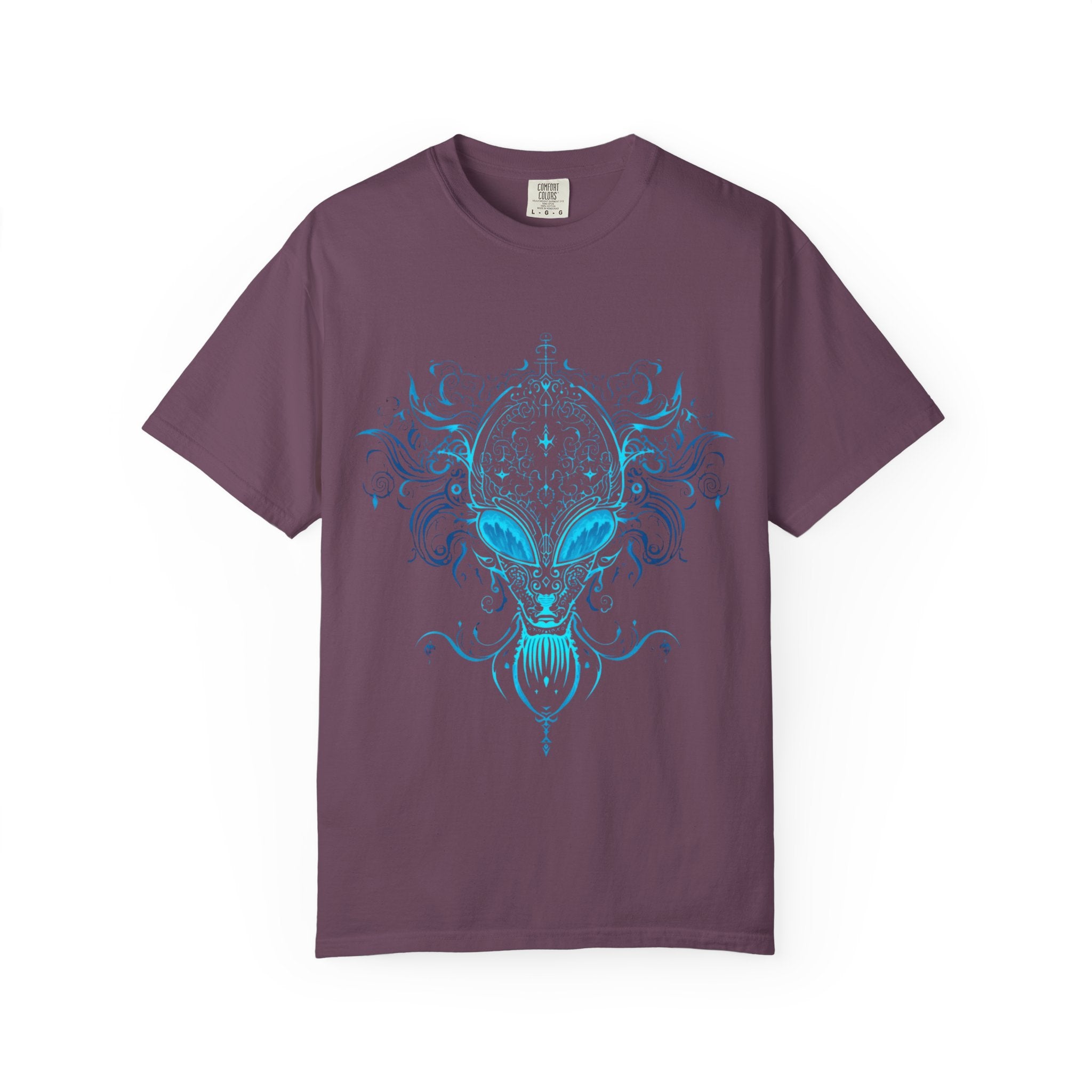 Alien Mask Ornate chinoiserie Blue T-Shirt | Mystical Alien Face Tee