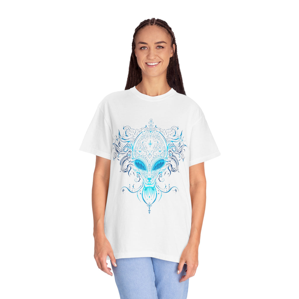 Alien Mask Ornate chinoiserie Blue T-Shirt | Mystical Alien Face Tee