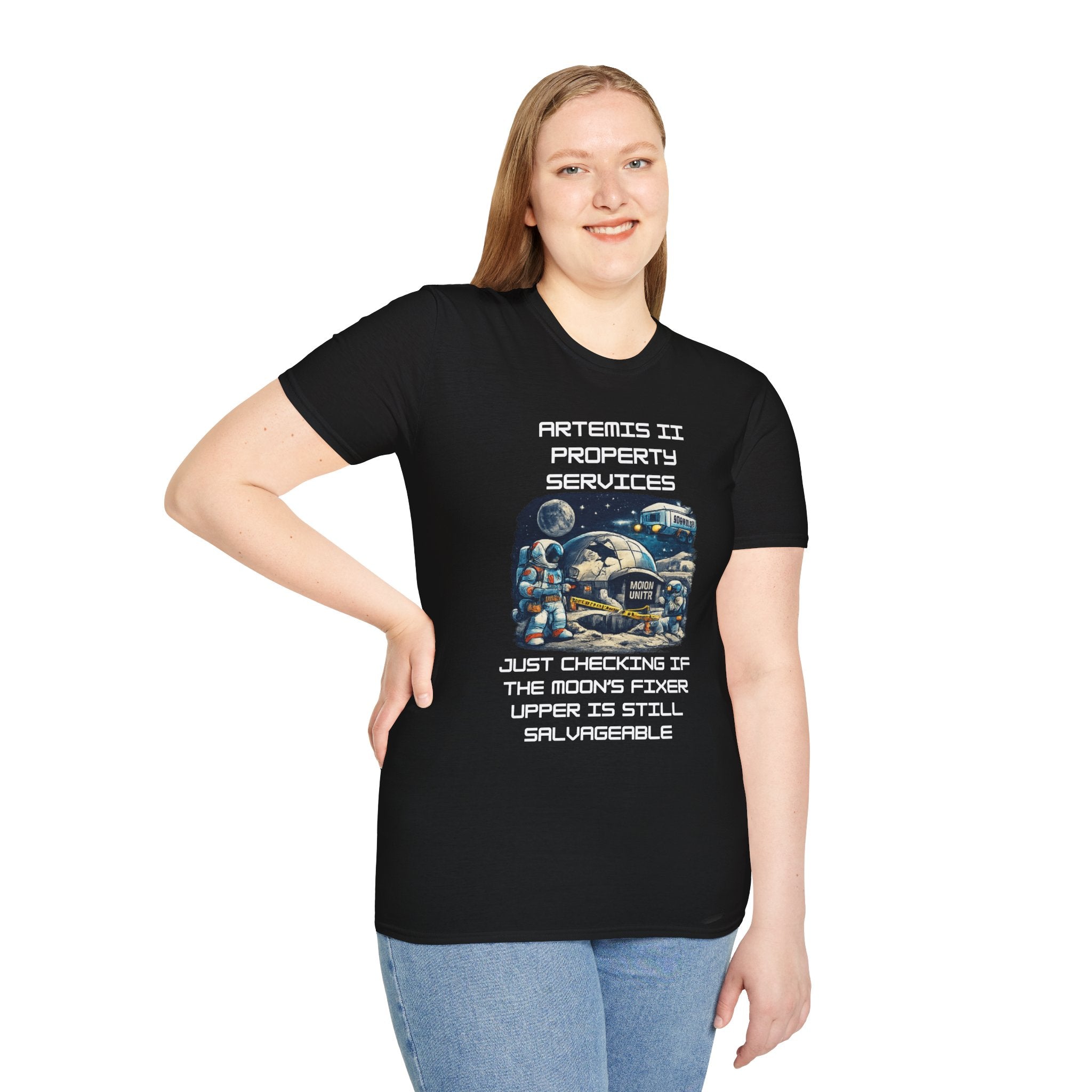 Moonbase Property Services T-Shirt — 'Artemis II Property Services' Space Repair Crew  funny Tee