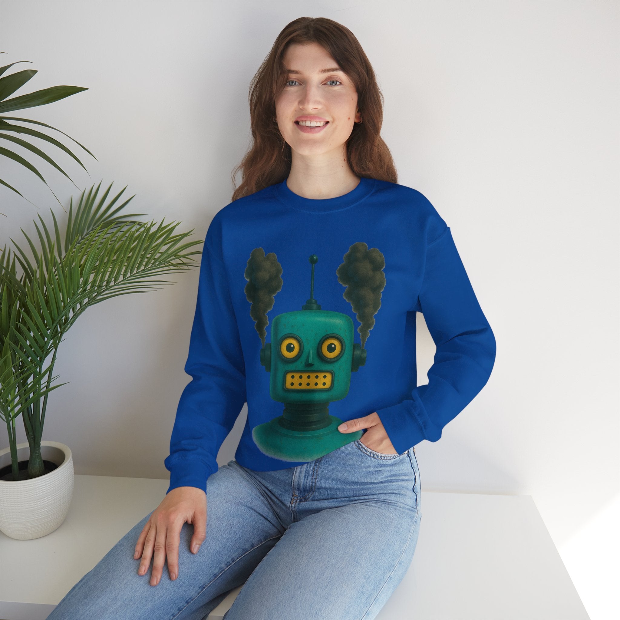 Smoking Robot Graphic Unisex Sweatshirt, Cozy Crewneck Top