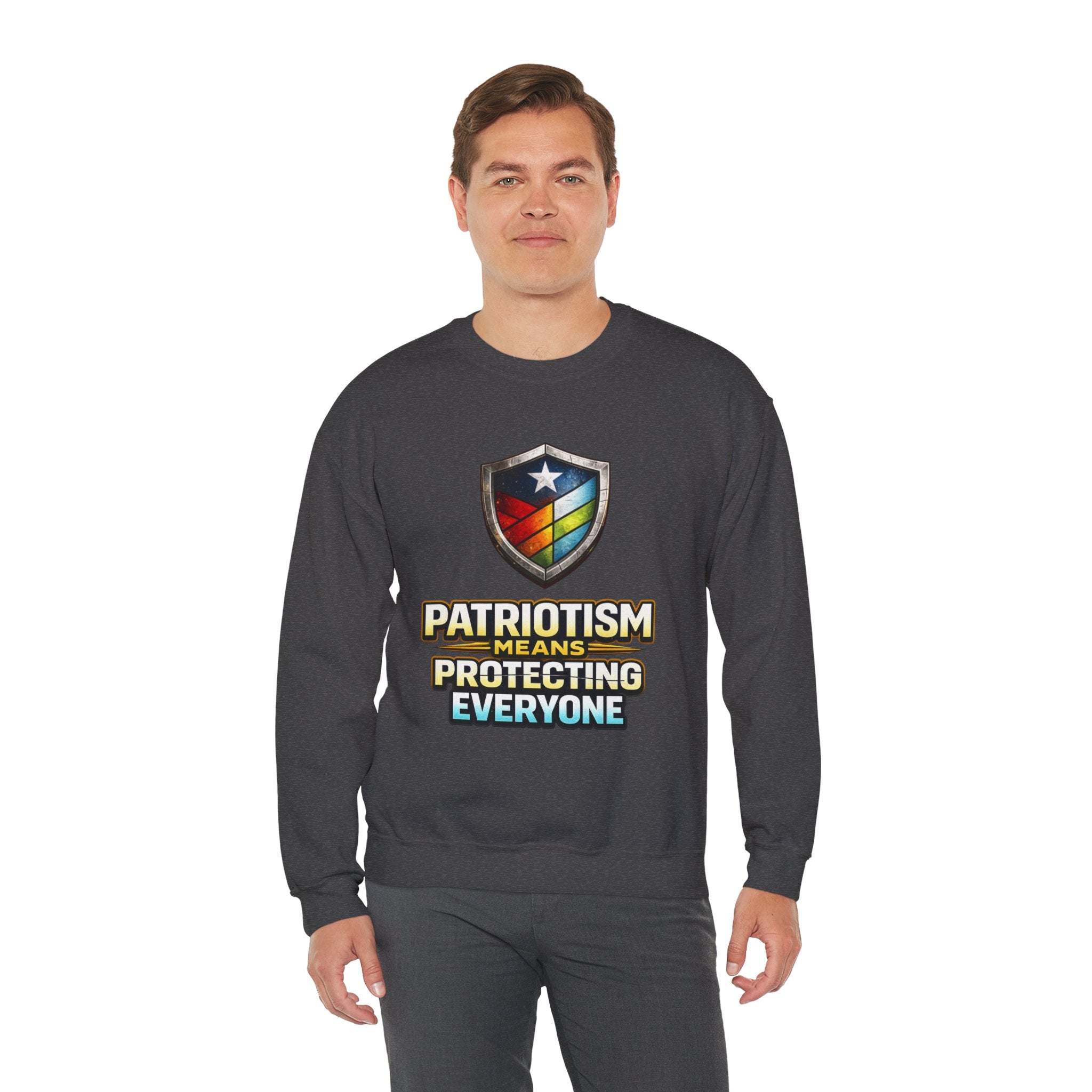 Patriotism Means Protecting Everyone Sweatshirt | Rainbow Shield Flag Design