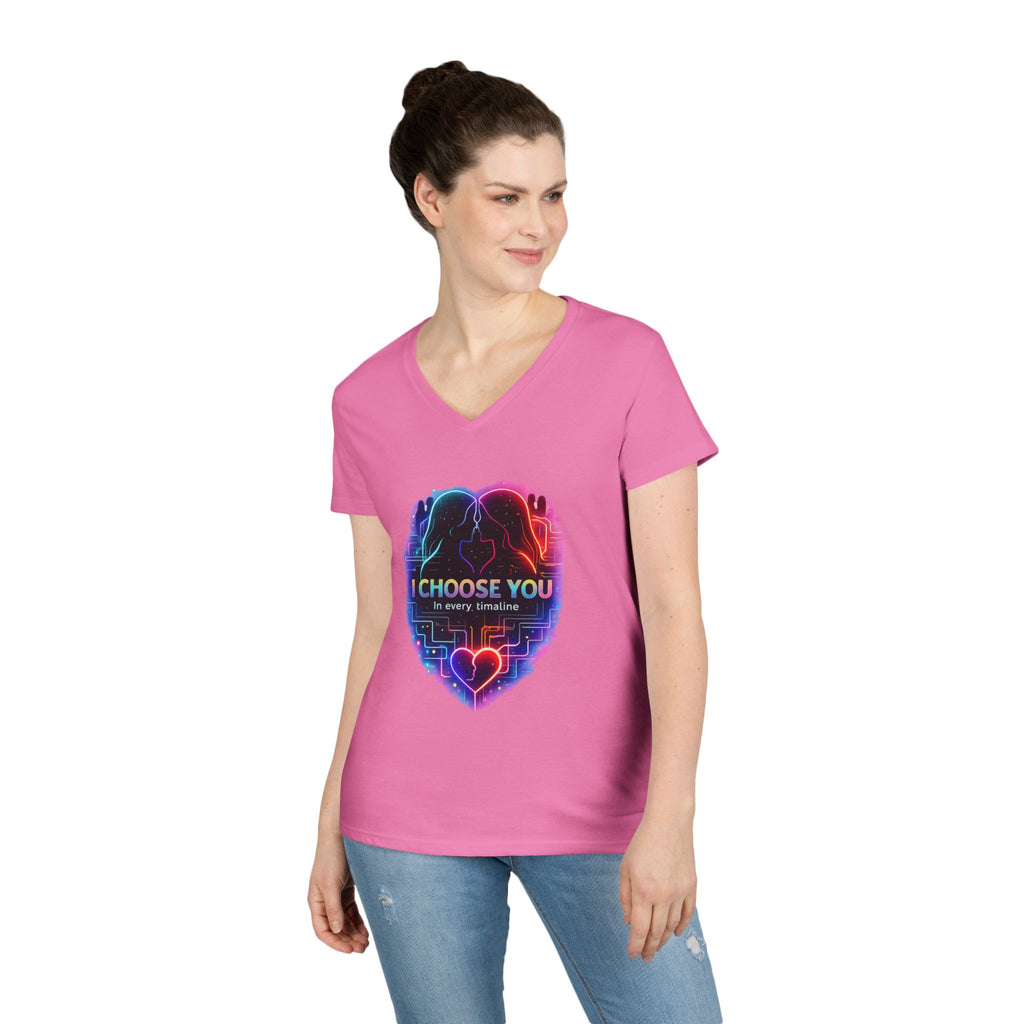 I Choose You in Every Timeline Heart Graphic Women's V-Neck T-Shirt | Neon Retro LGBTQ Love
