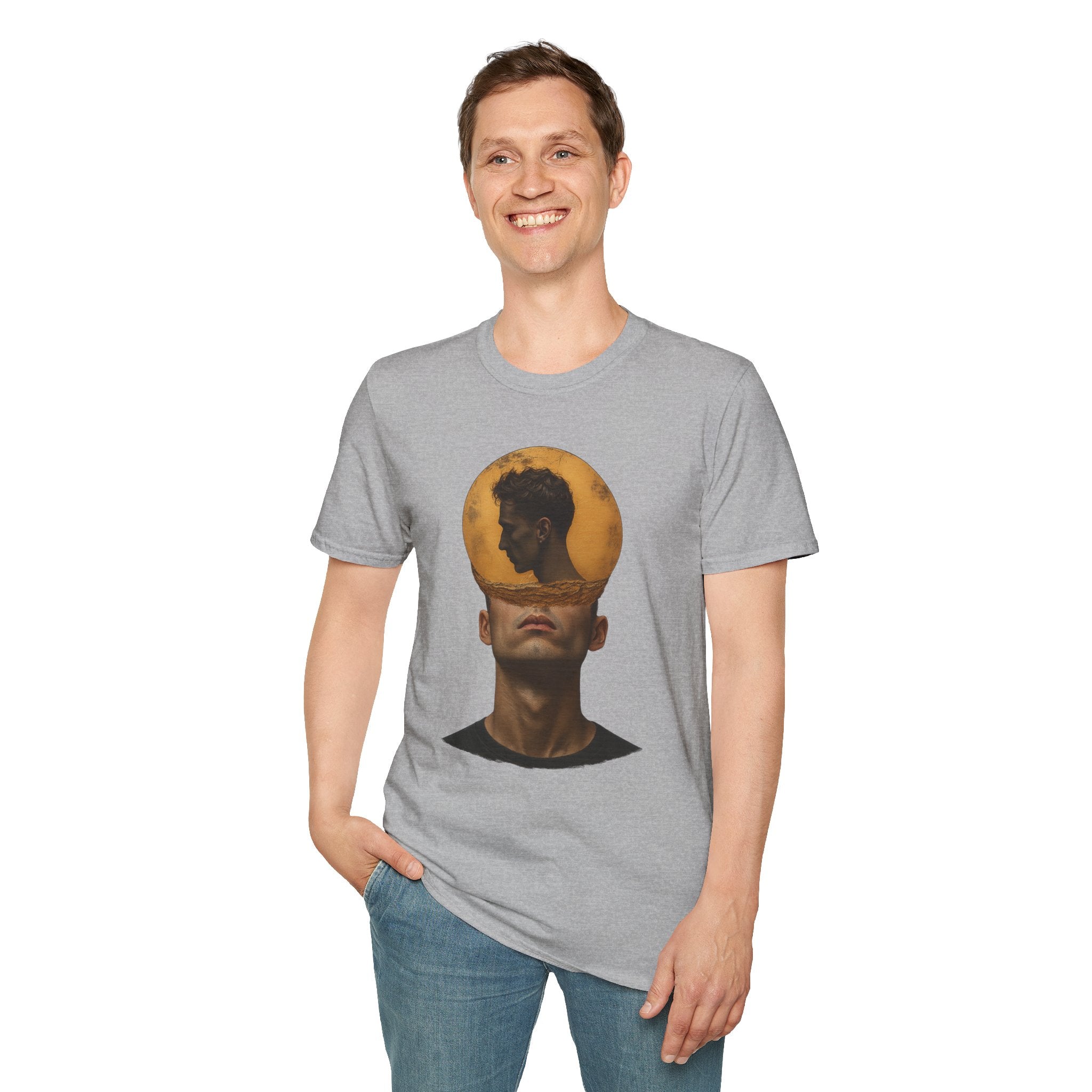 Surreal Double Portrait T-Shirt | Abstract Head Silhouette, Moon Circle
