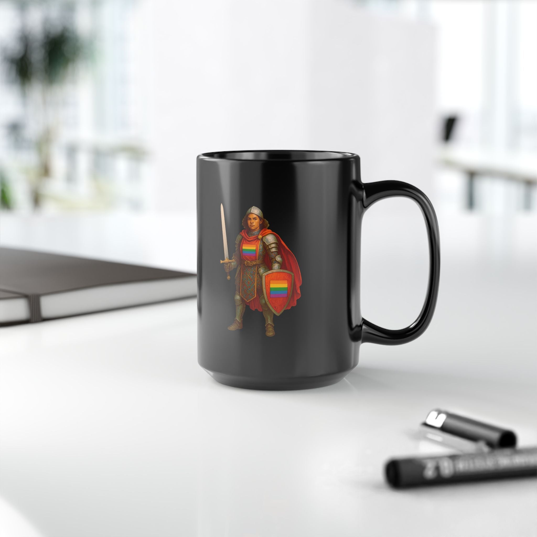 Rainbow Paladin Mug | Black Ceramic Mug with Pride Shield and Cape