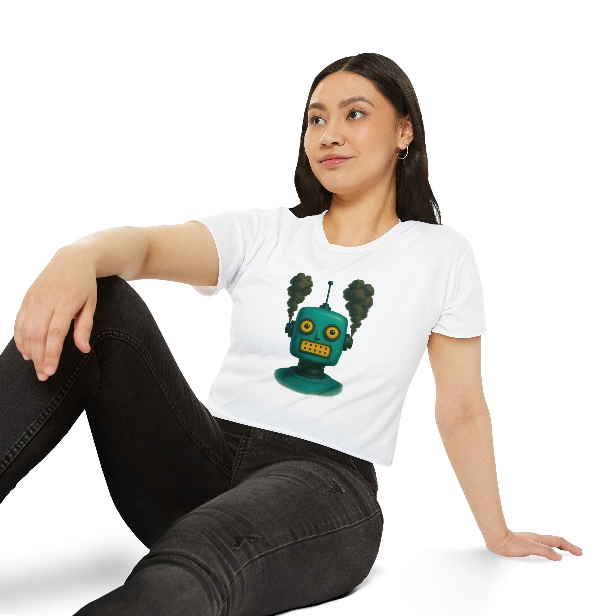 Green Retro Robot Head crop top | Steam-punk robot graphic
