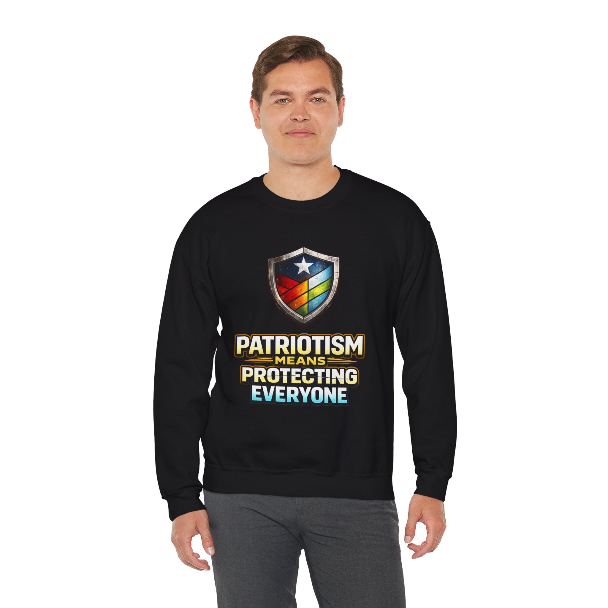 Patriotism Means Protecting Everyone Sweatshirt | Rainbow Shield Flag Design