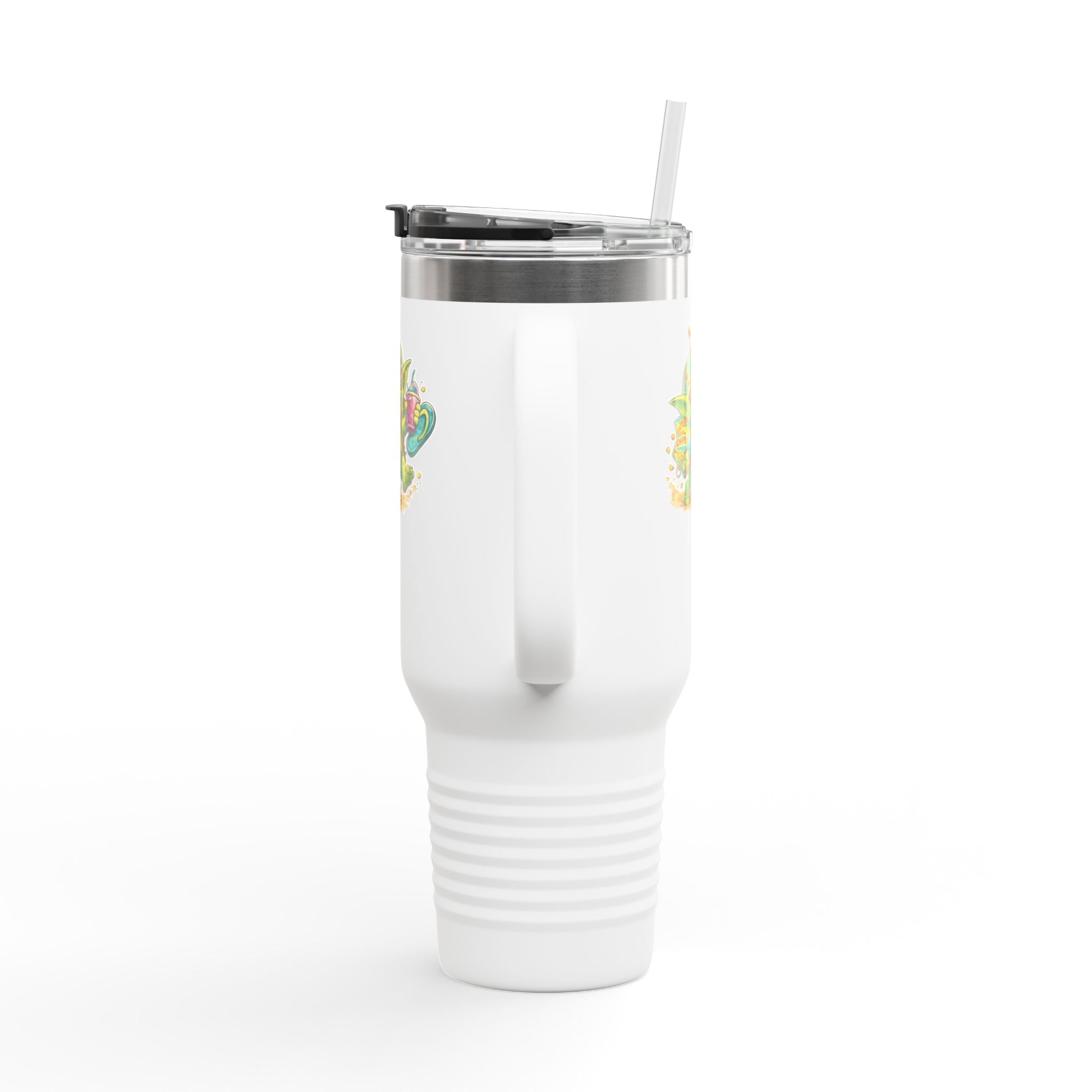 40oz Insulated Travel Mug — Cute Alien Beach Cartoon Tumbler with Handle
