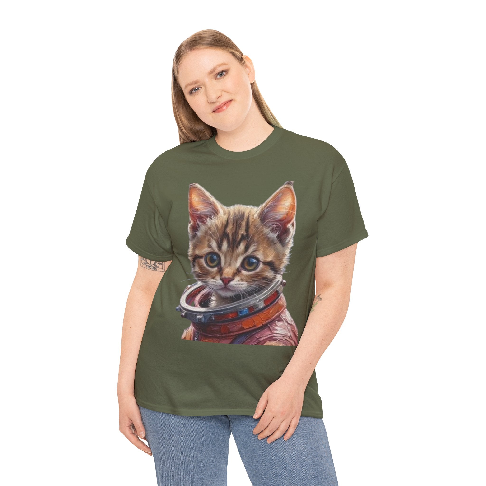 Astronaut Kitty Unisex Heavy Cotton Tee, Cute Cat Shirt, Animal lover gift, Space themed apparel, Funny cat t-shirt, Unique cat design