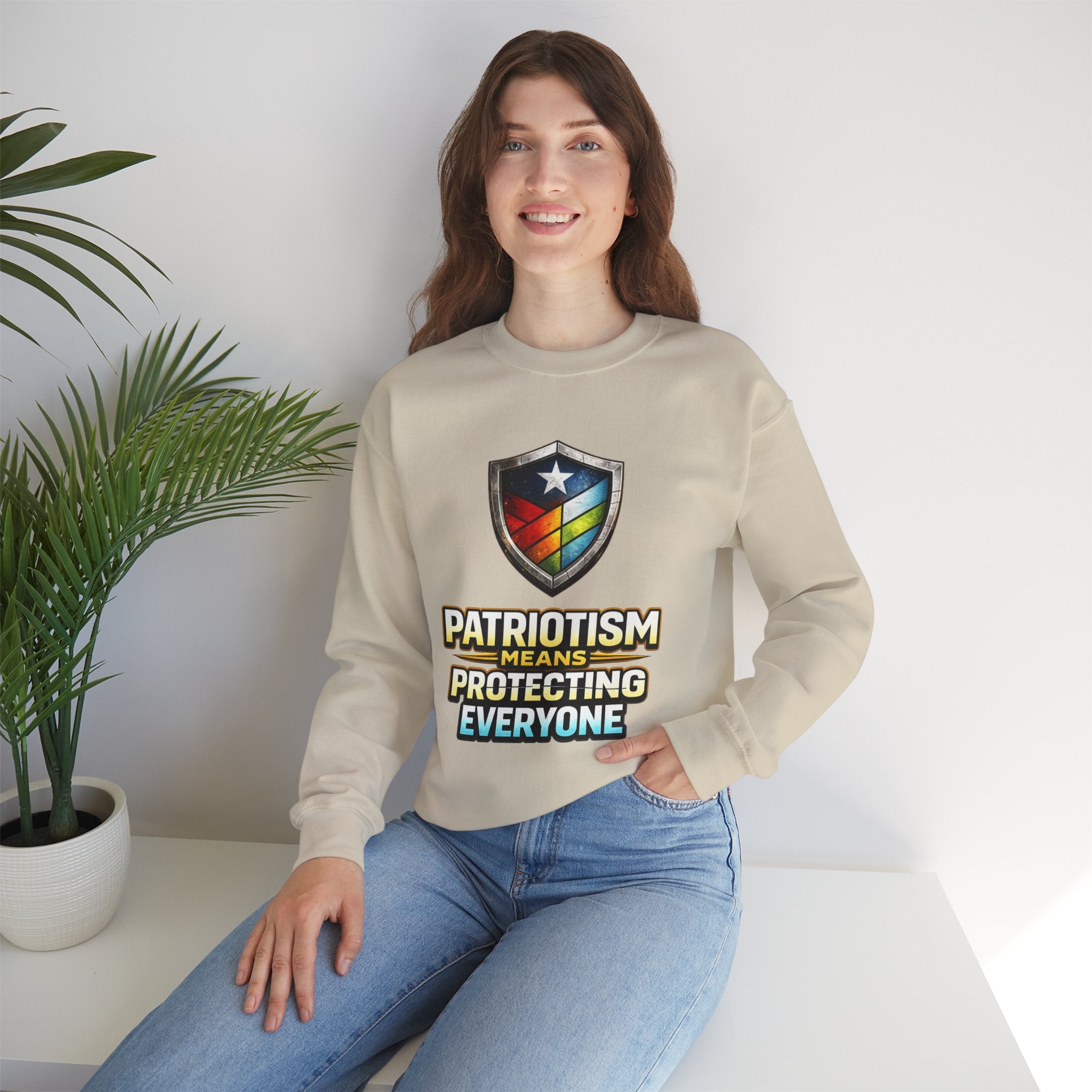 Patriotism Means Protecting Everyone Sweatshirt | Rainbow Shield Flag Design