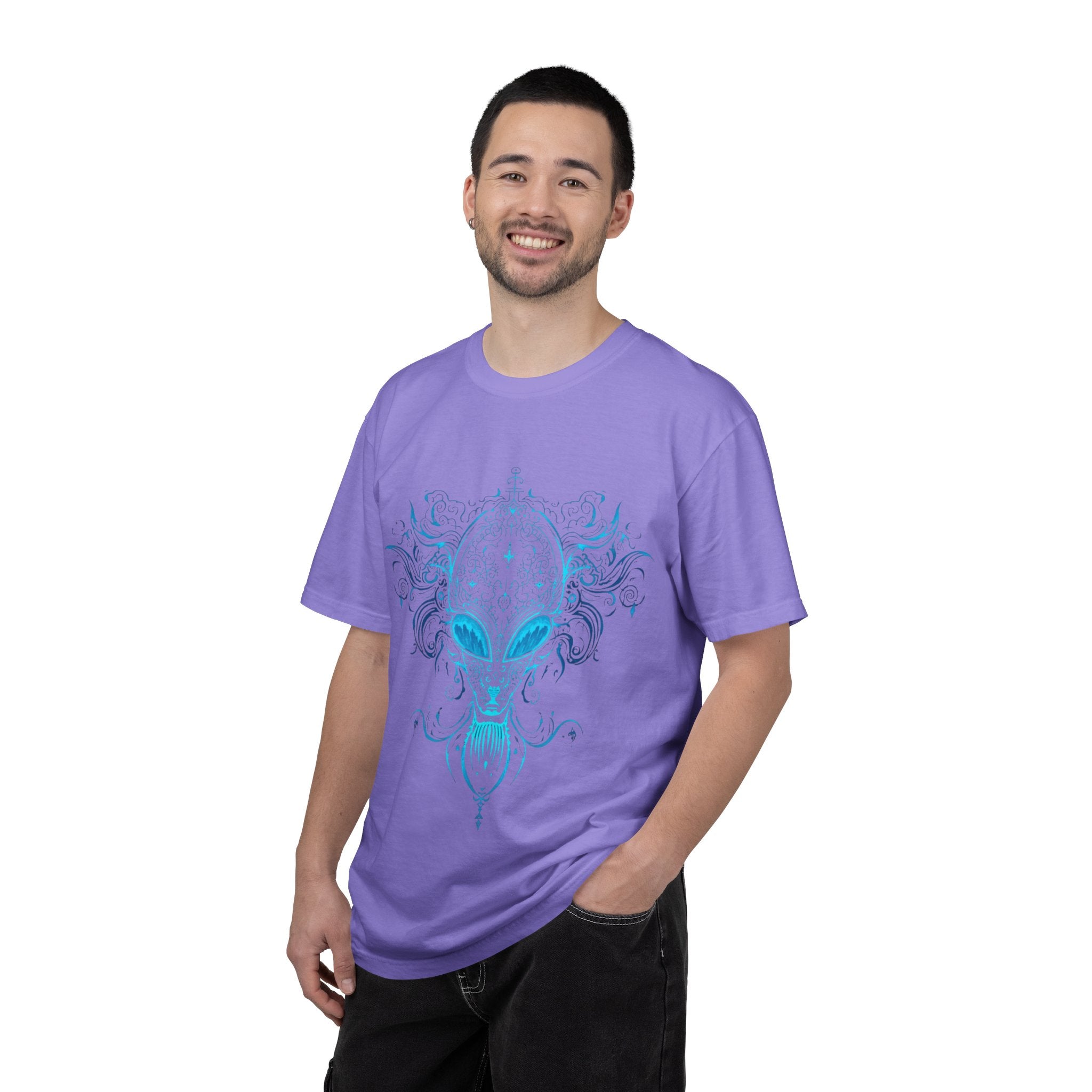 Alien Mask Ornate chinoiserie Blue T-Shirt | Mystical Alien Face Tee