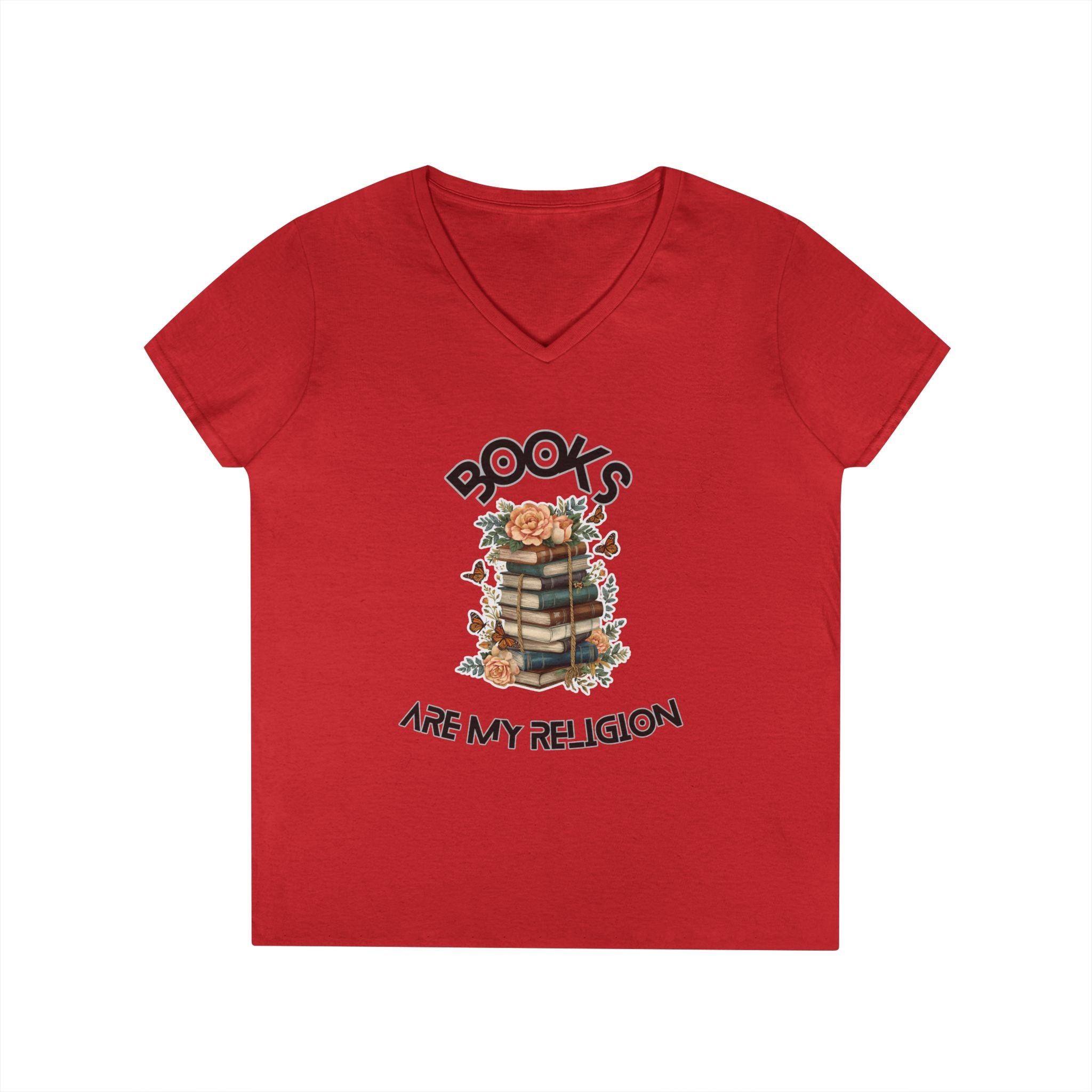Books Are My Religion V-Neck Tee, Floral Stack Graphic T-Shirt for Women