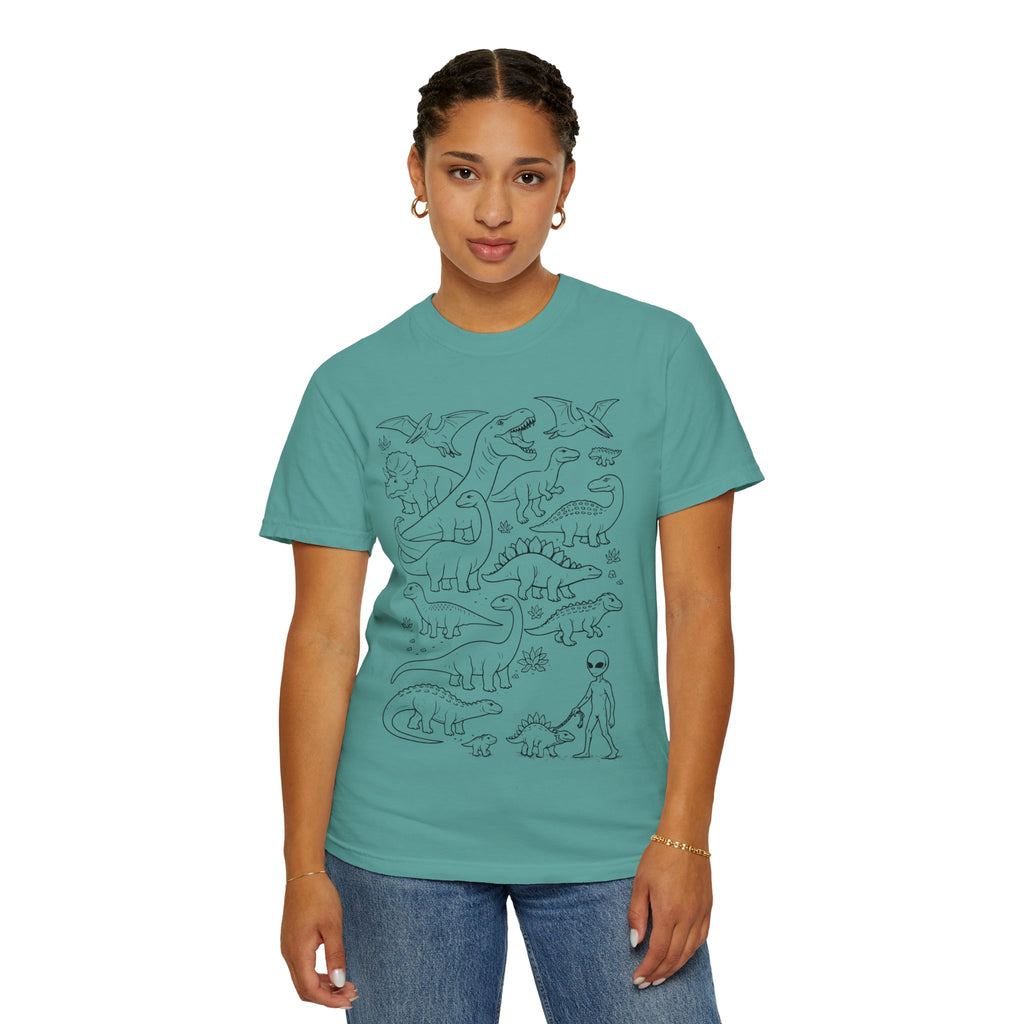 Alien & Dinosaur funny Line Art T-Shirt
