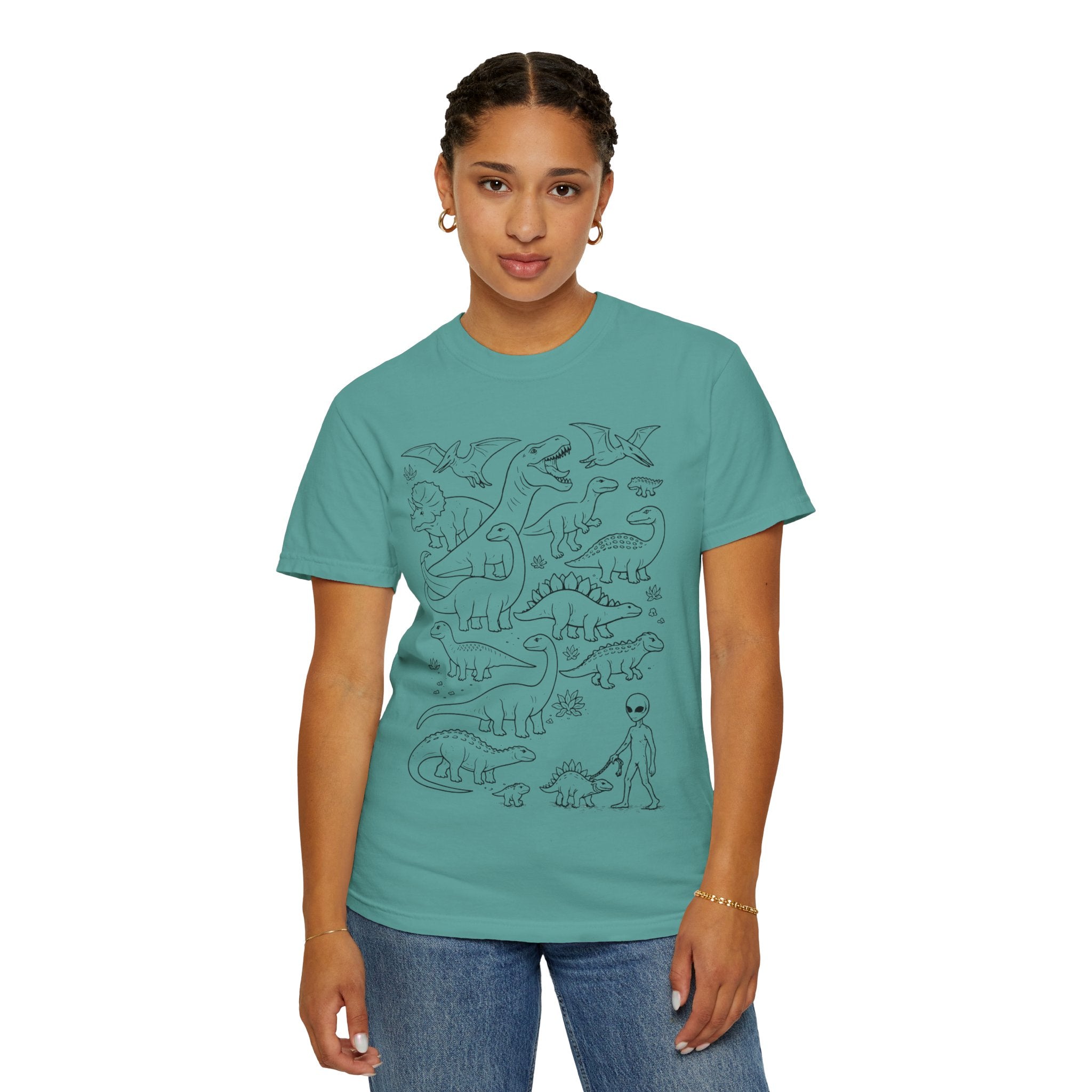 Alien & Dinosaur funny Line Art T-Shirt