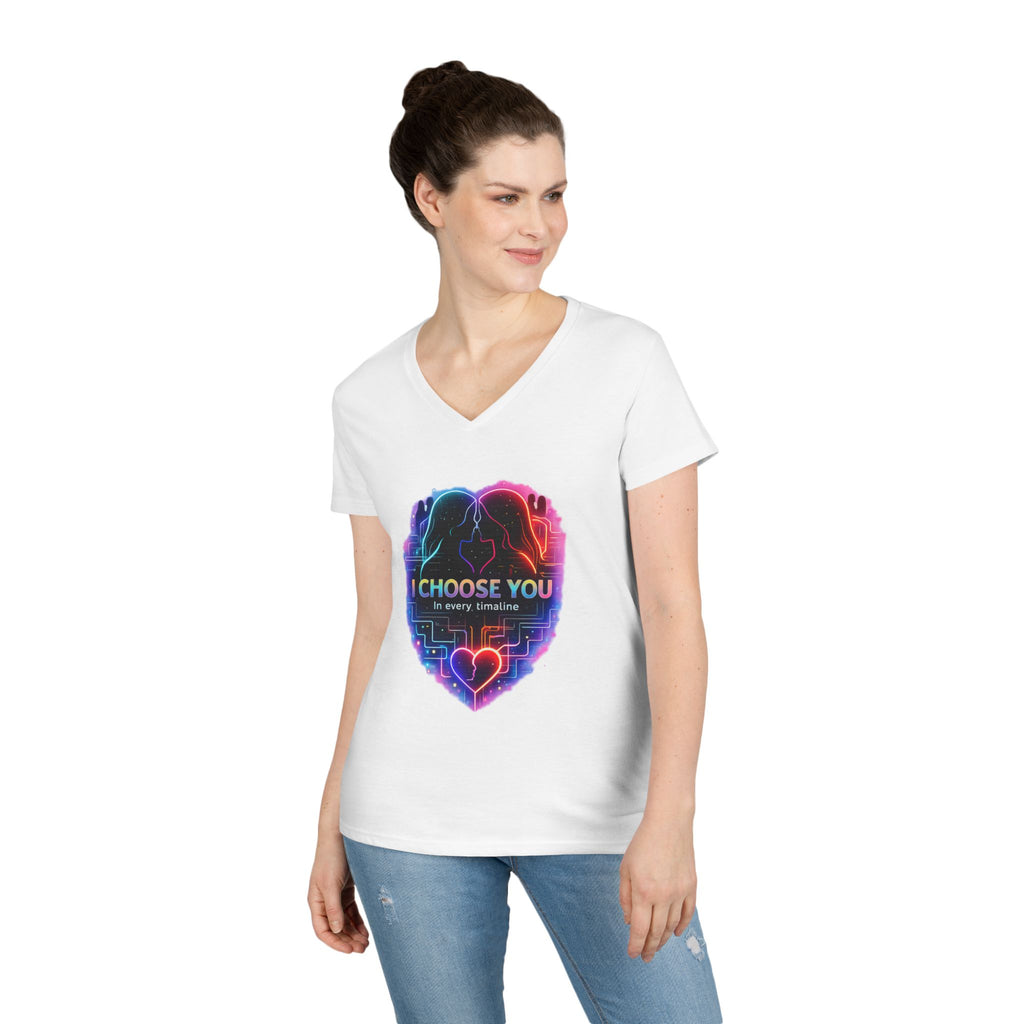 I Choose You in Every Timeline Heart Graphic Women's V-Neck T-Shirt | Neon Retro LGBTQ Love