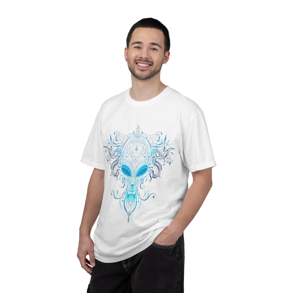 Alien Mask Ornate chinoiserie Blue T-Shirt | Mystical Alien Face Tee