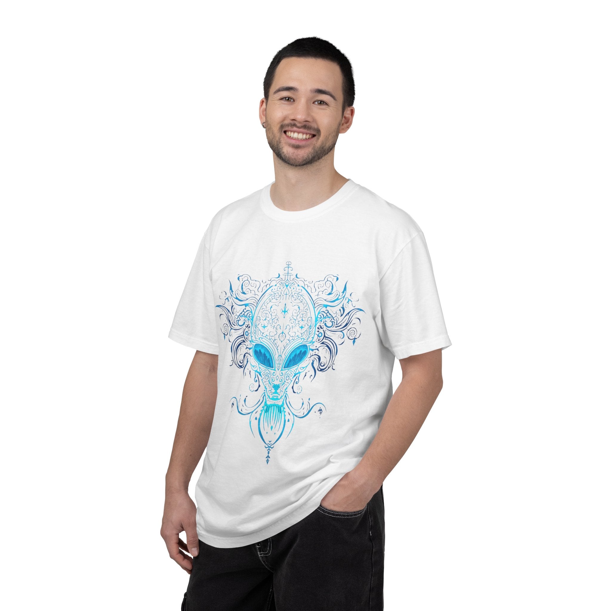 Alien Mask Ornate chinoiserie Blue T-Shirt | Mystical Alien Face Tee