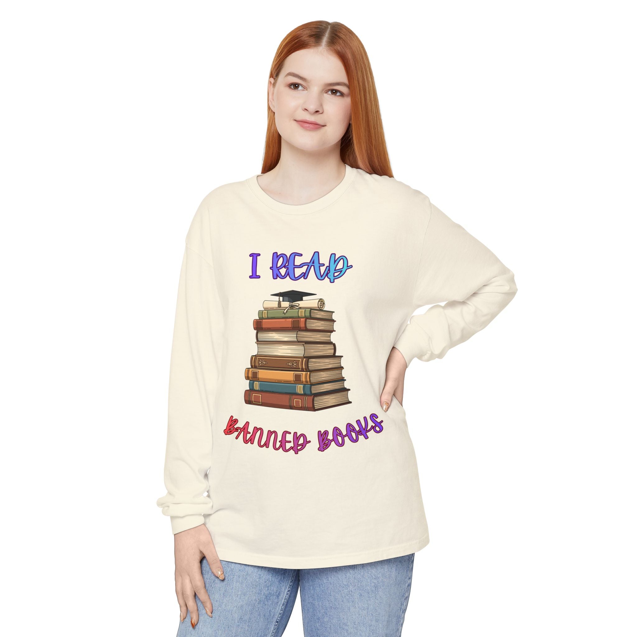 I Read Banned Books Stack of Books Long Sleeve Shirt | Censorship Awareness Library Appreciation Comfort Color