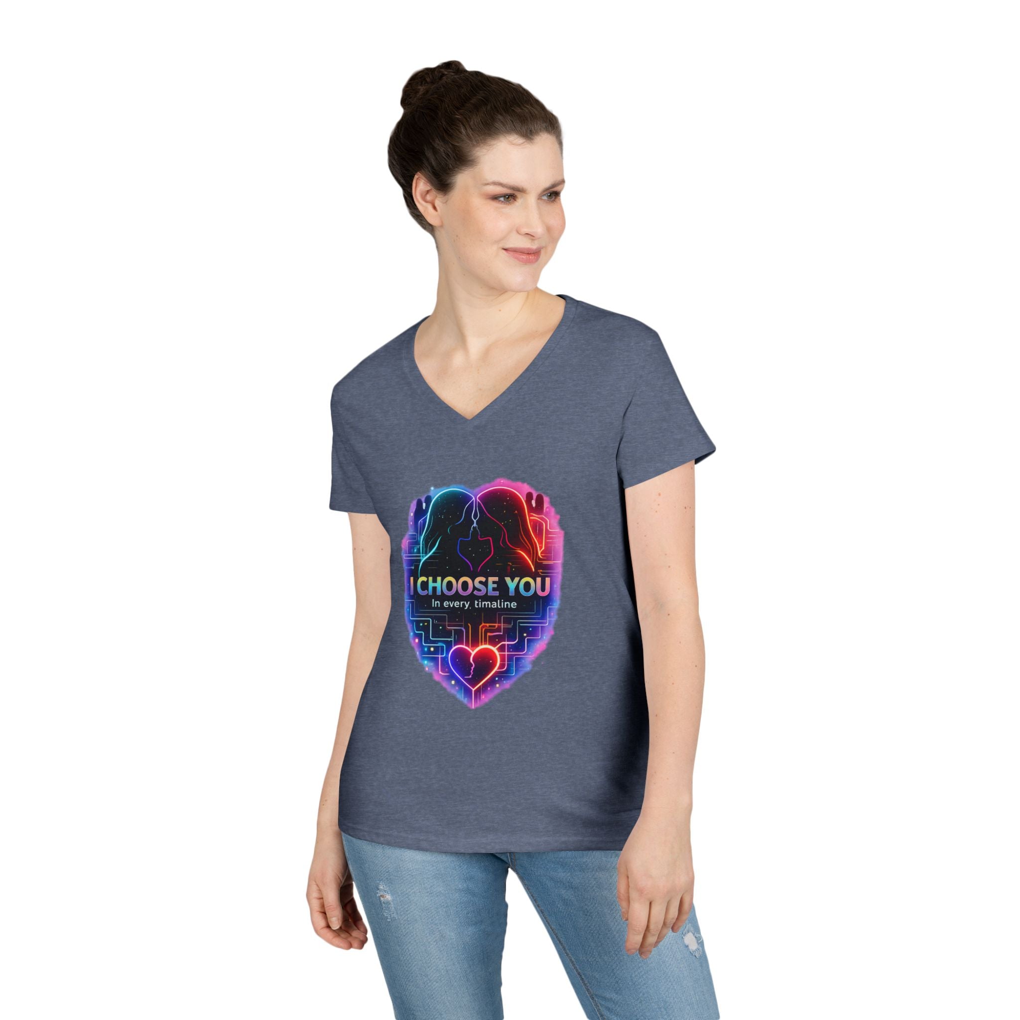 I Choose You in Every Timeline Heart Graphic Women's V-Neck T-Shirt | Neon Retro LGBTQ Love