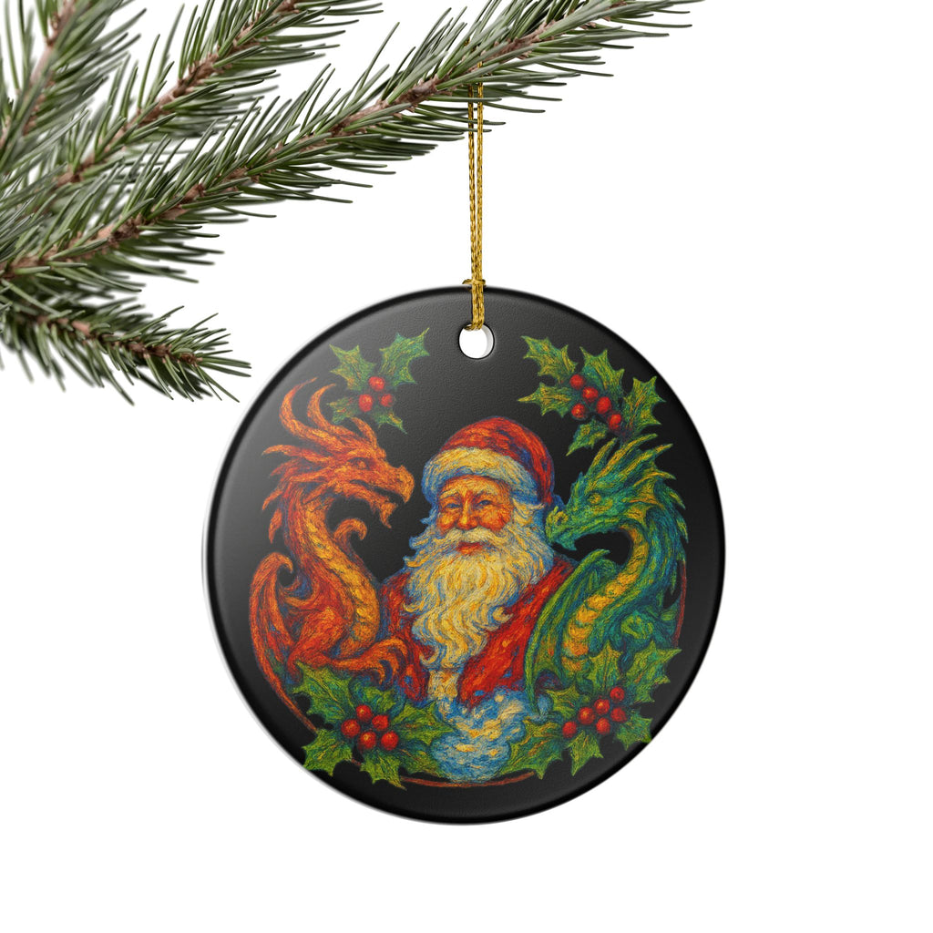 Santa with Red and Green Dragons Ceramic Ornament | Christmas Tree Decoration