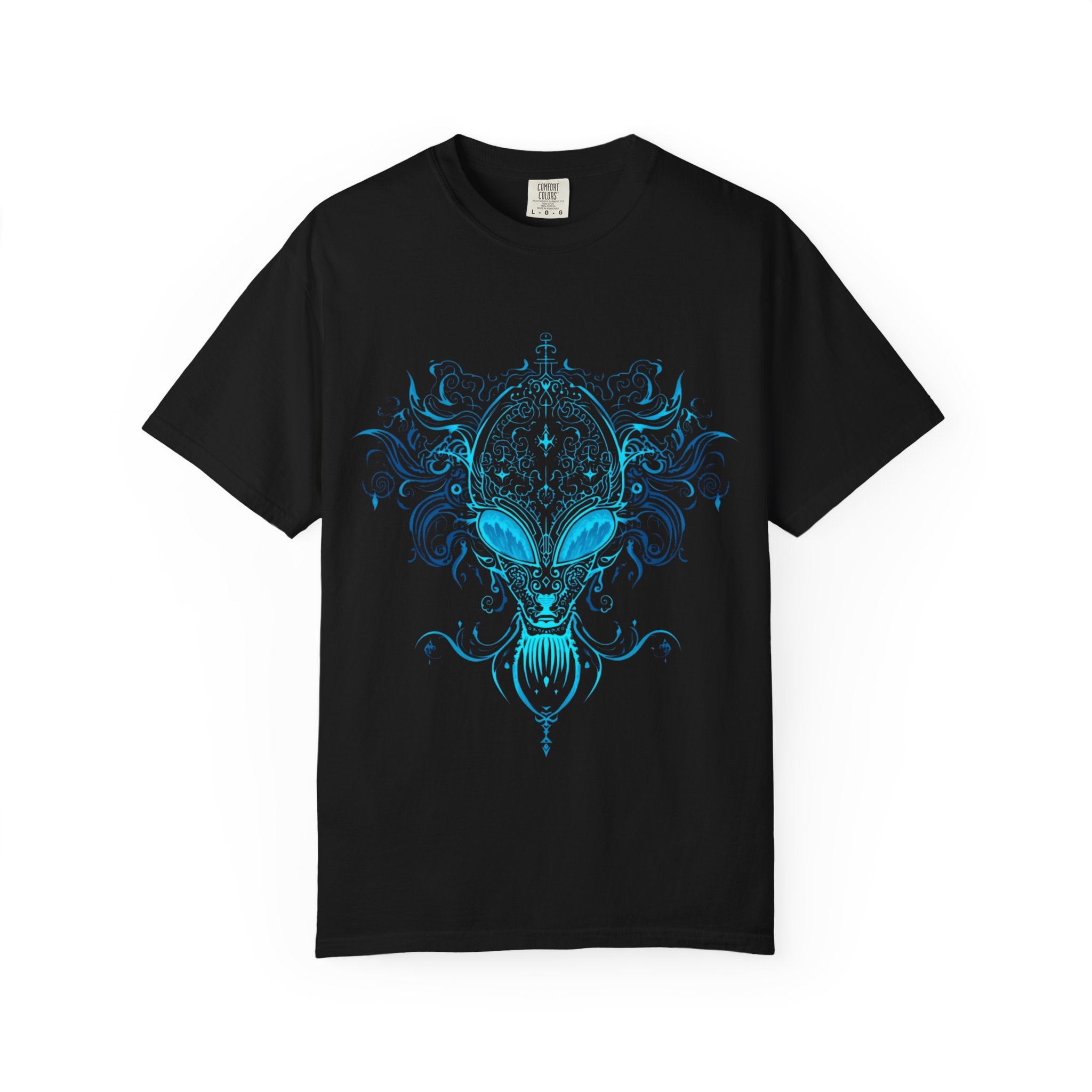 Alien Mask Ornate chinoiserie Blue T-Shirt | Mystical Alien Face Tee