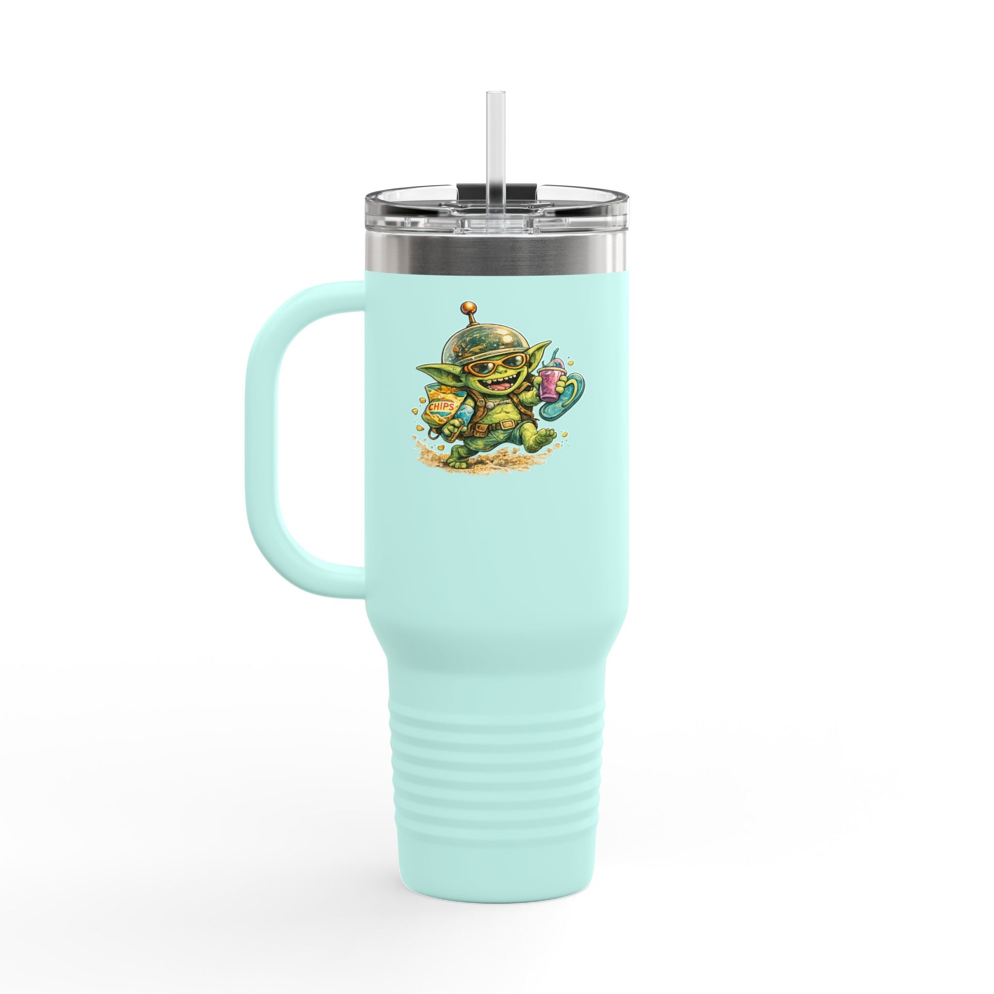 40oz Insulated Travel Mug — Cute Alien Beach Cartoon Tumbler with Handle