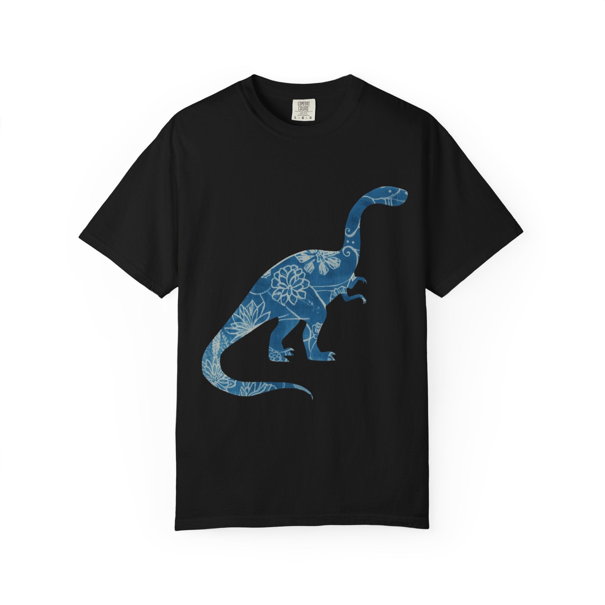 Dinosaur Floral blue chinoiserie Silhouette T-Shirt | Blue Botanical Dino Brontosaurus Tee