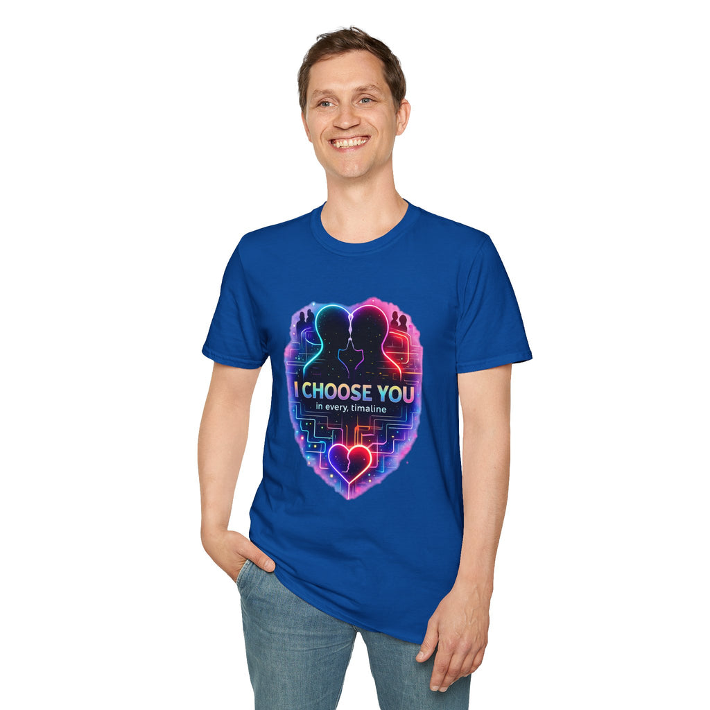 I Choose You  in Every Timeline silhouette heart T-Shirt | Neon LBGTQ couple, love phrase