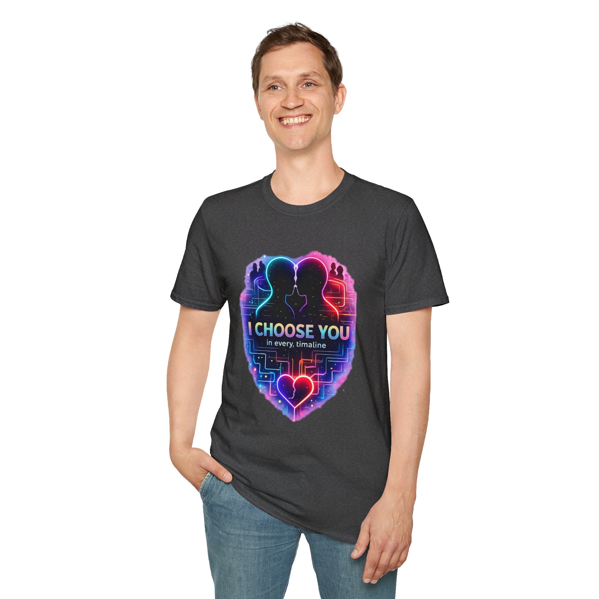 I Choose You  in Every Timeline silhouette heart T-Shirt | Neon LBGTQ couple, love phrase