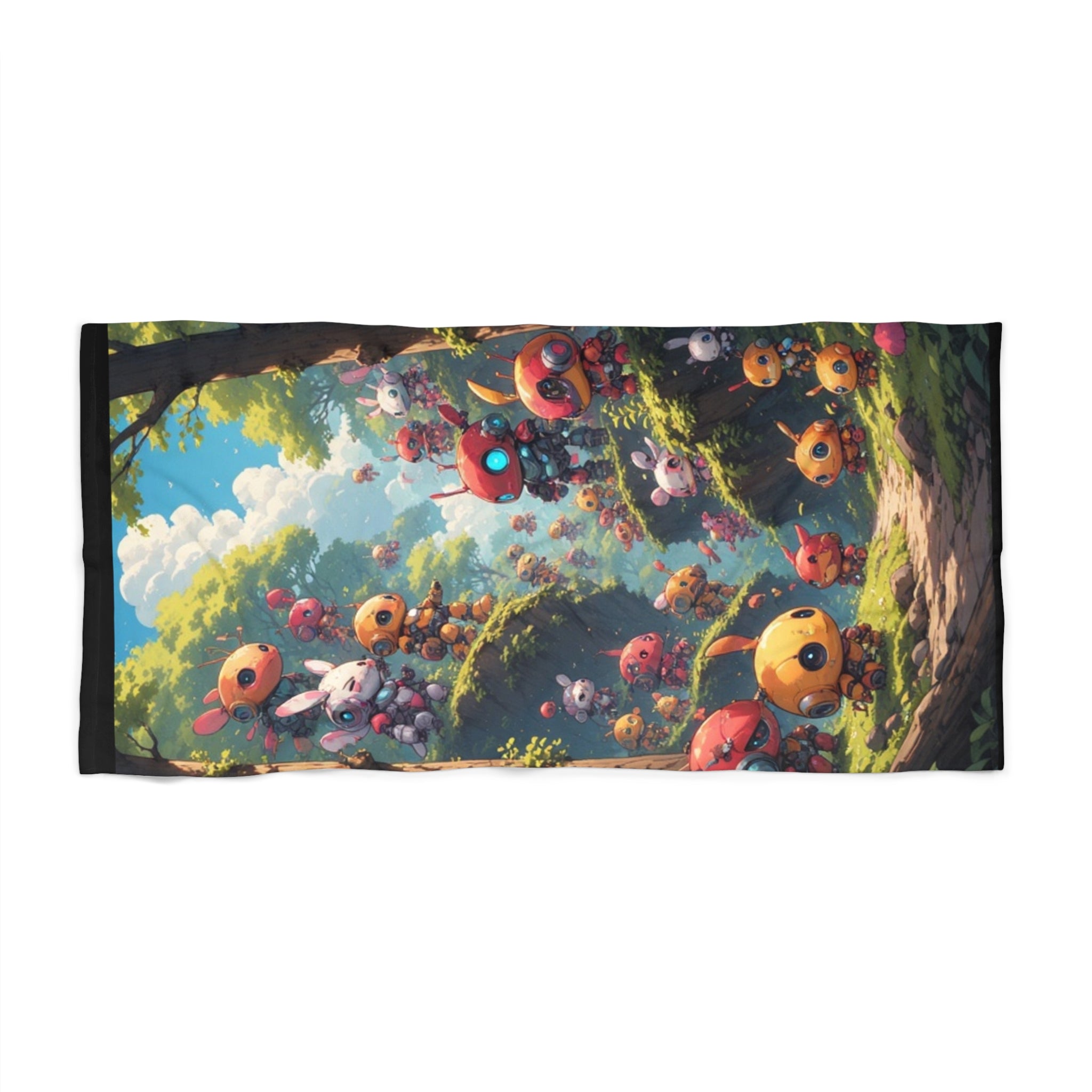 Happy Robot Forest Beach Towel | Cute Fantasy Creature Pattern