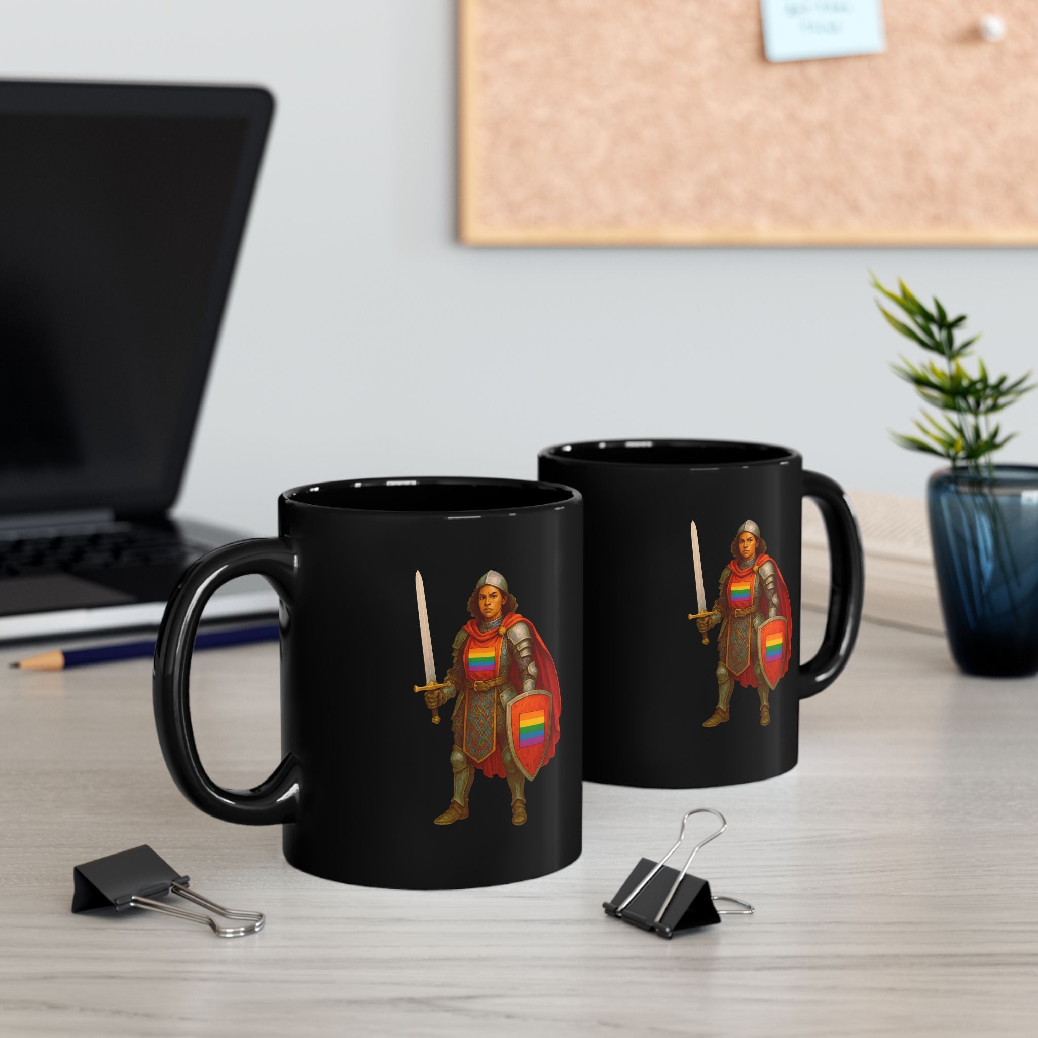 Rainbow Paladin Mug | Black Ceramic Mug with Pride Shield and Cape