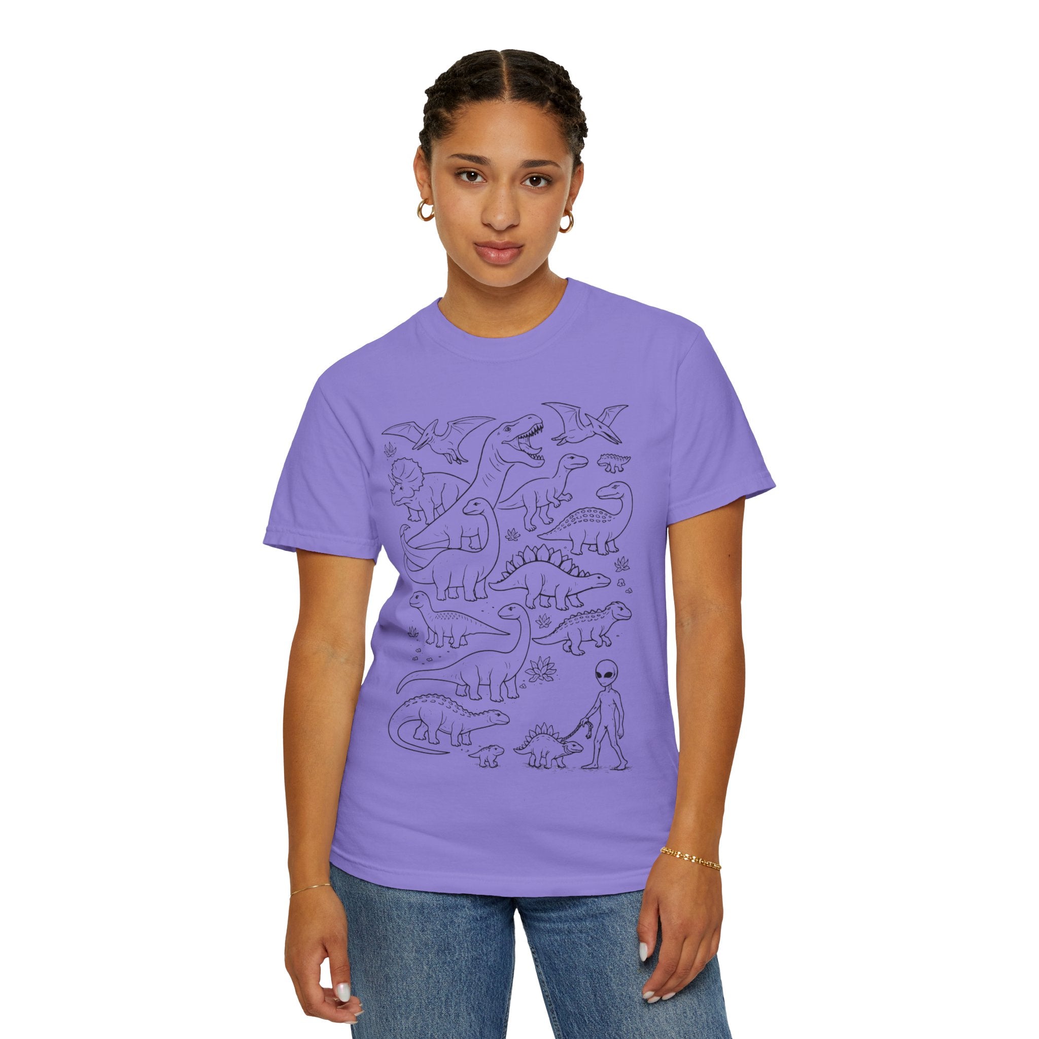 Alien & Dinosaur funny Line Art T-Shirt