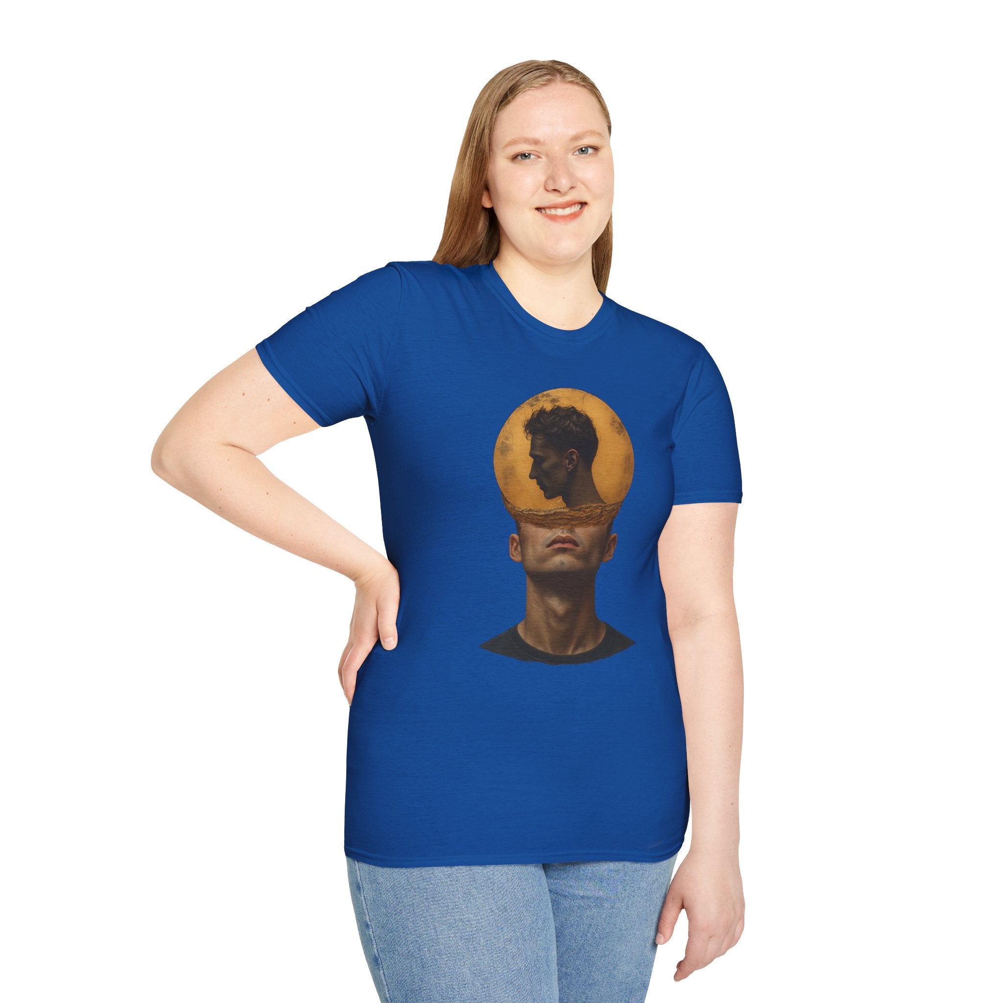 Surreal Double Portrait T-Shirt | Abstract Head Silhouette, Moon Circle