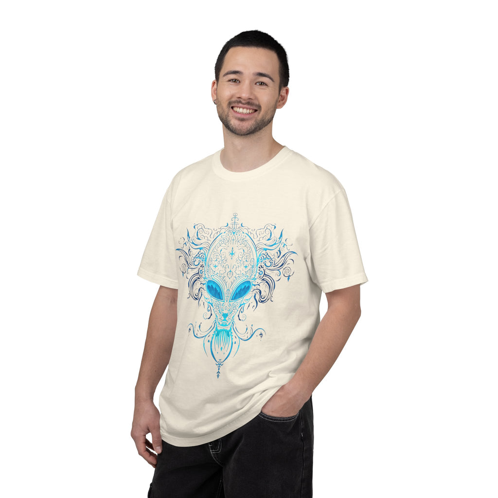 Alien Mask Ornate chinoiserie Blue T-Shirt | Mystical Alien Face Tee