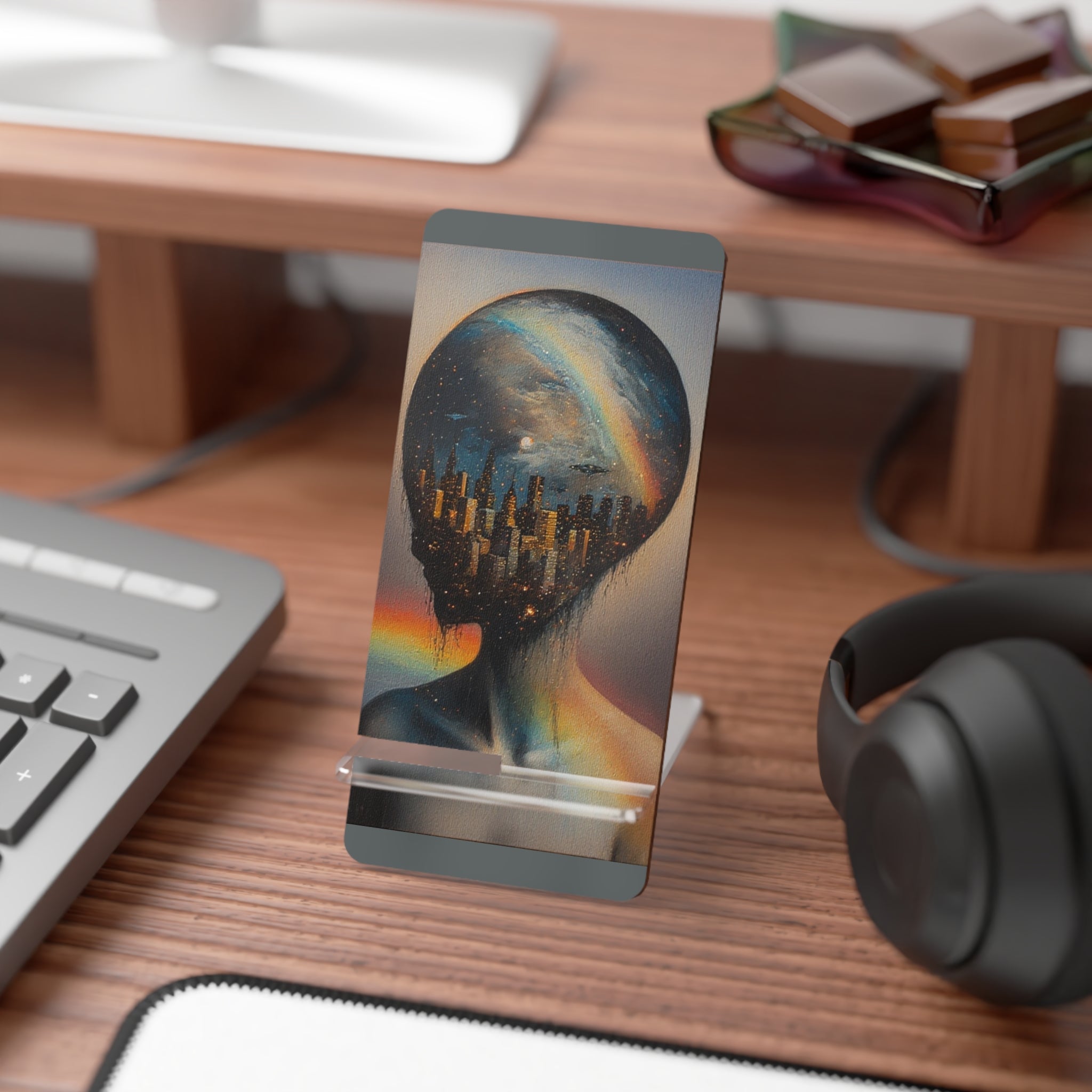Mr. Infinity Surreal Cityscape Head Artwork Mobile Display Stand for Smartphones | Acrylic Phone Dock