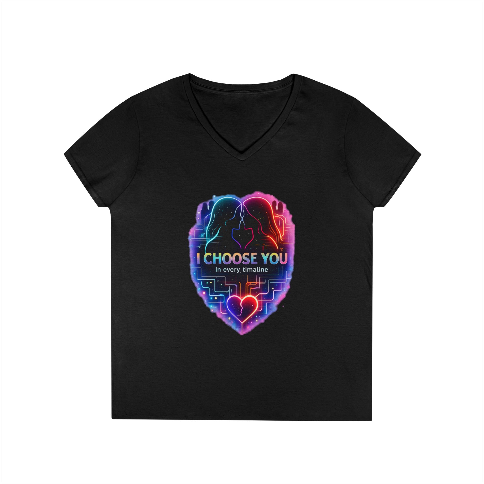 I Choose You in Every Timeline Heart Graphic Women's V-Neck T-Shirt | Neon Retro LGBTQ Love