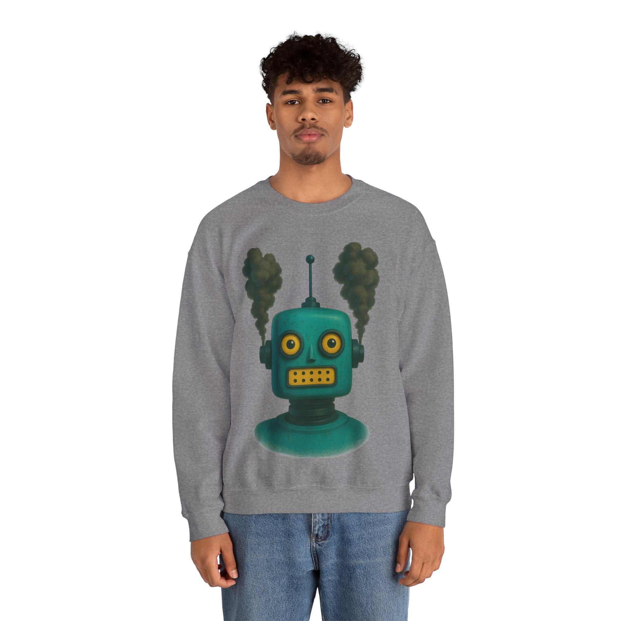 Smoking Robot Graphic Unisex Sweatshirt, Cozy Crewneck Top
