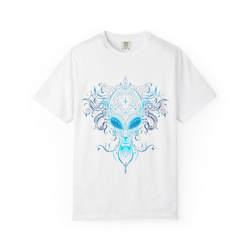 Alien Mask Ornate chinoiserie Blue T-Shirt | Mystical Alien Face Tee