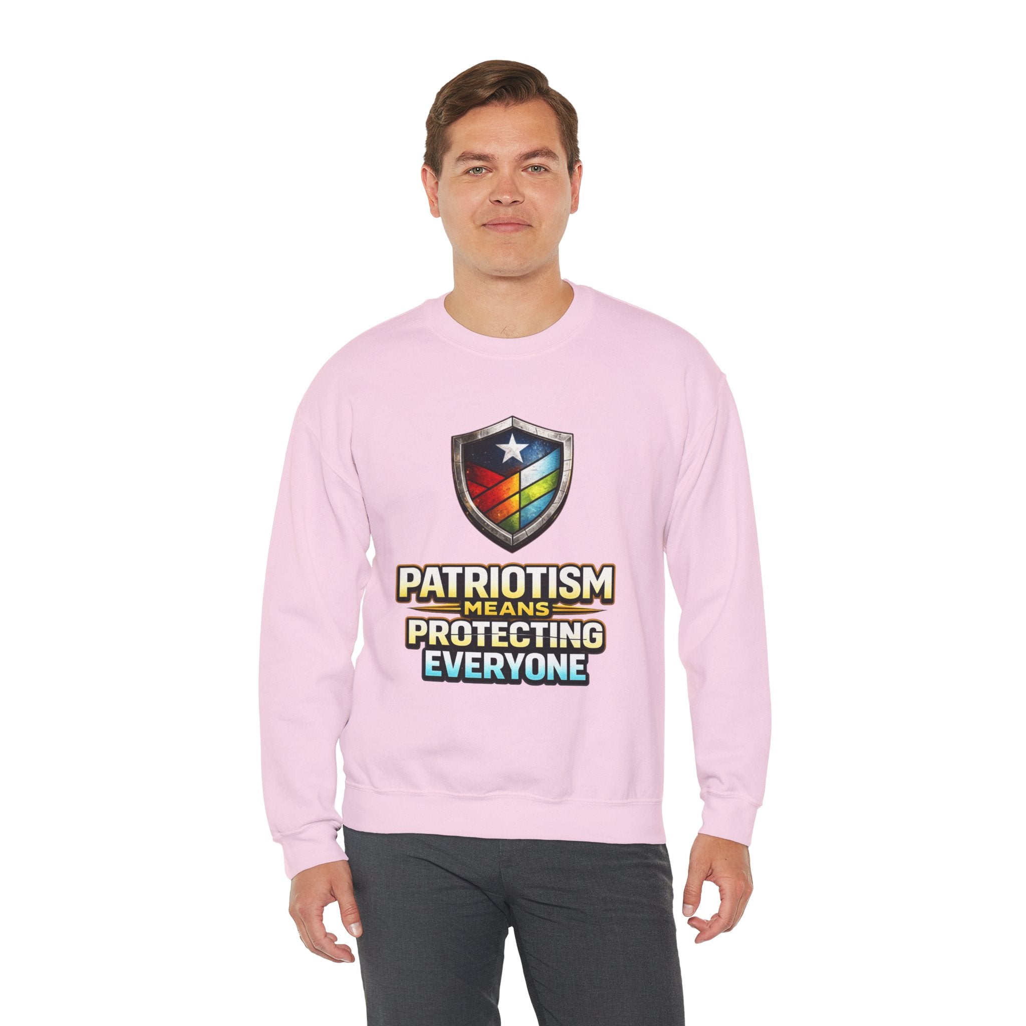 Patriotism Means Protecting Everyone Sweatshirt | Rainbow Shield Flag Design