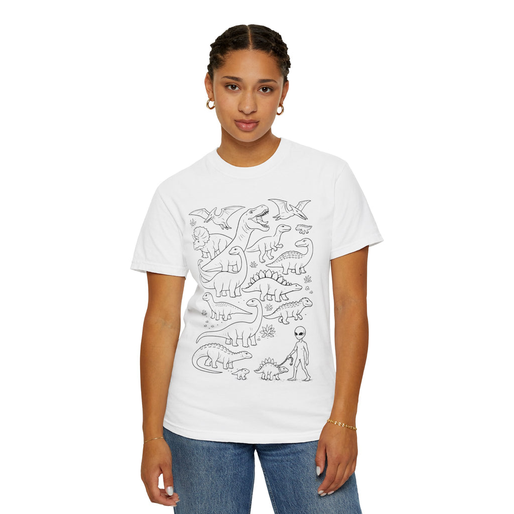 Alien & Dinosaur funny Line Art T-Shirt