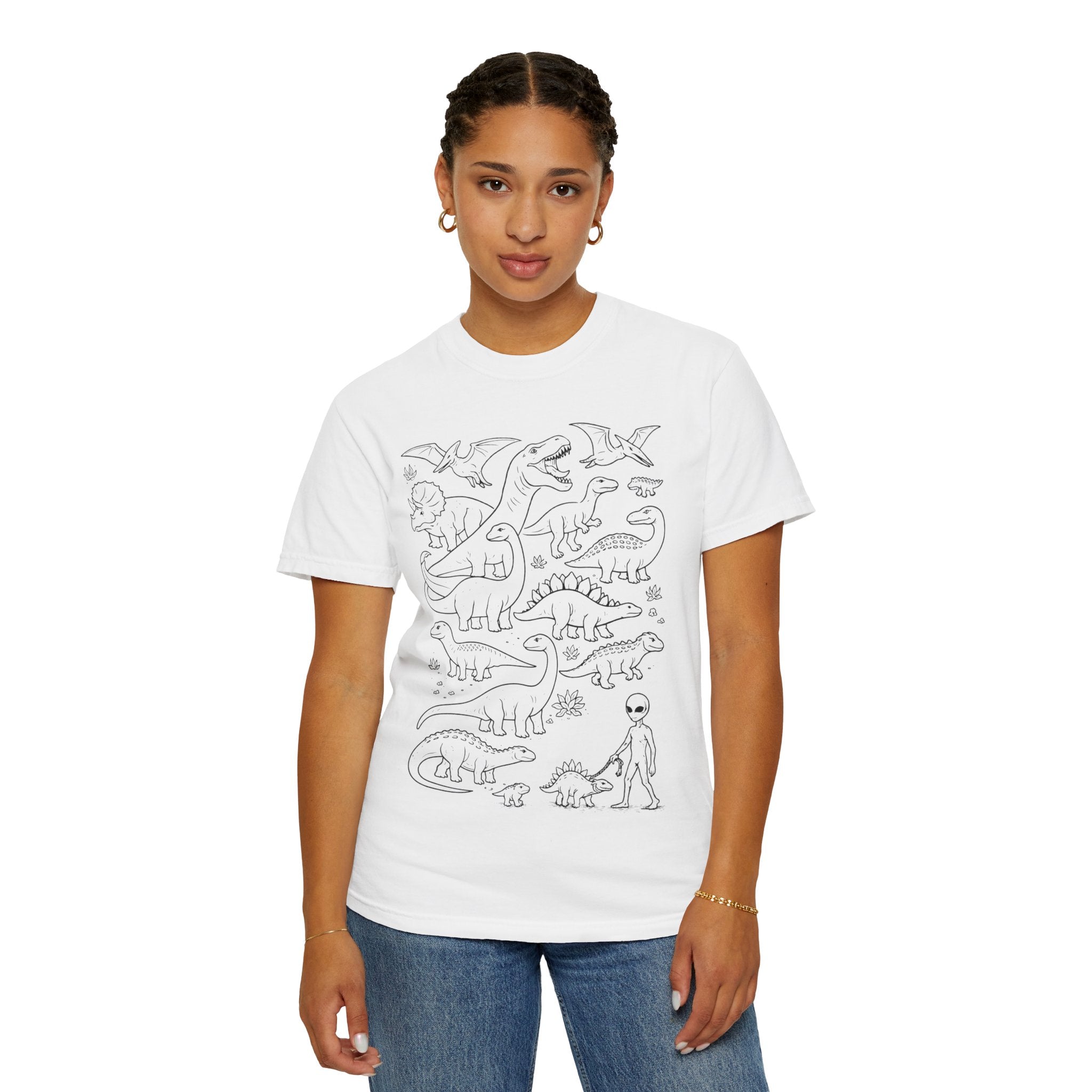 Alien & Dinosaur funny Line Art T-Shirt