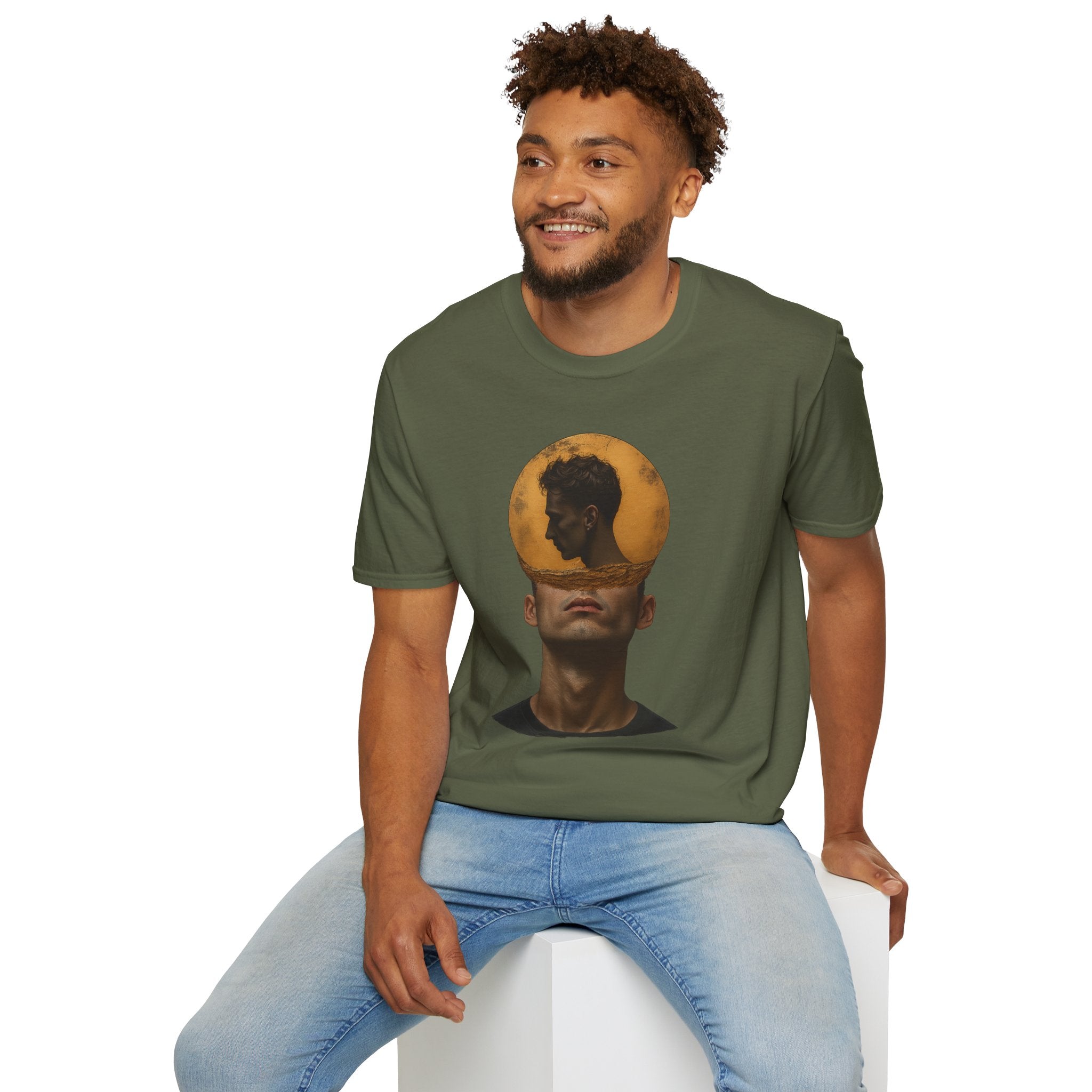 Surreal Double Portrait T-Shirt | Abstract Head Silhouette, Moon Circle