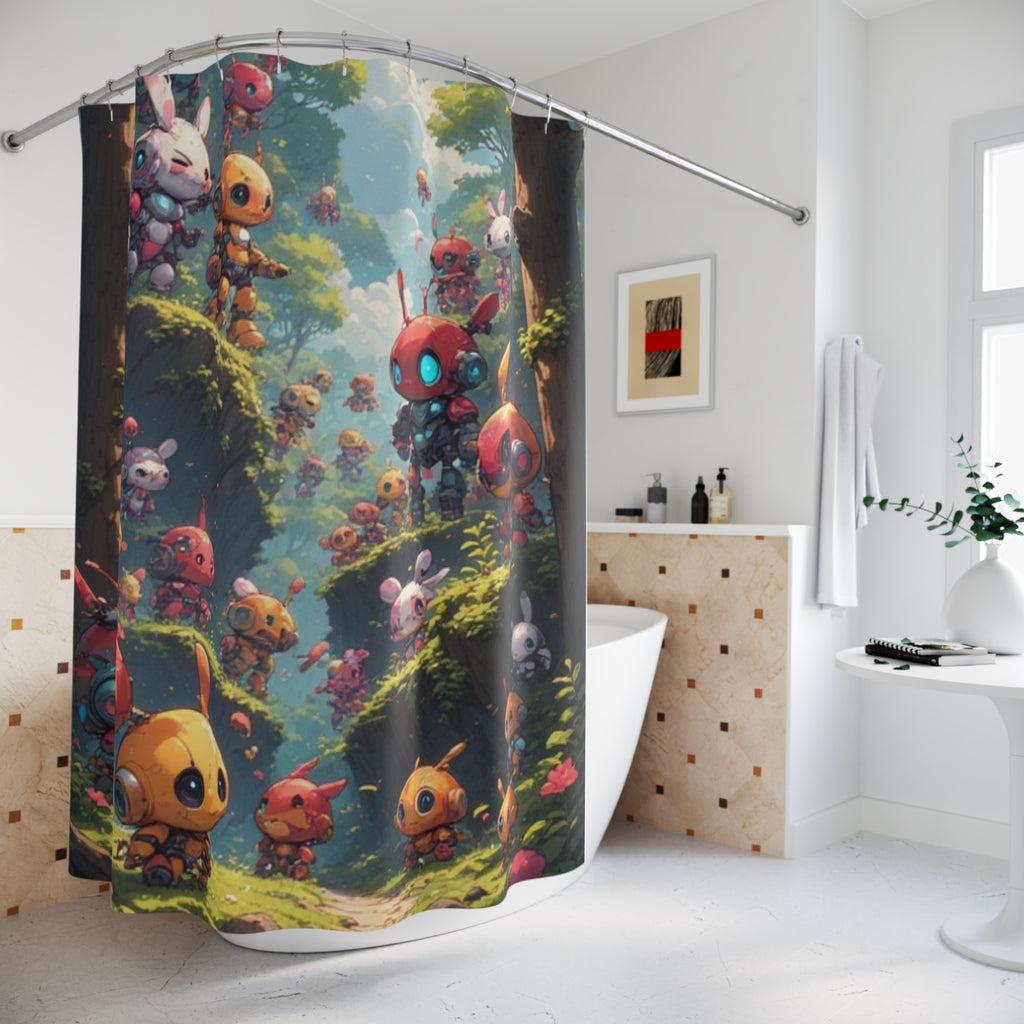 Happy Robot Forest Shower Curtain | Kawaii Robot Bunny Woodland Scene