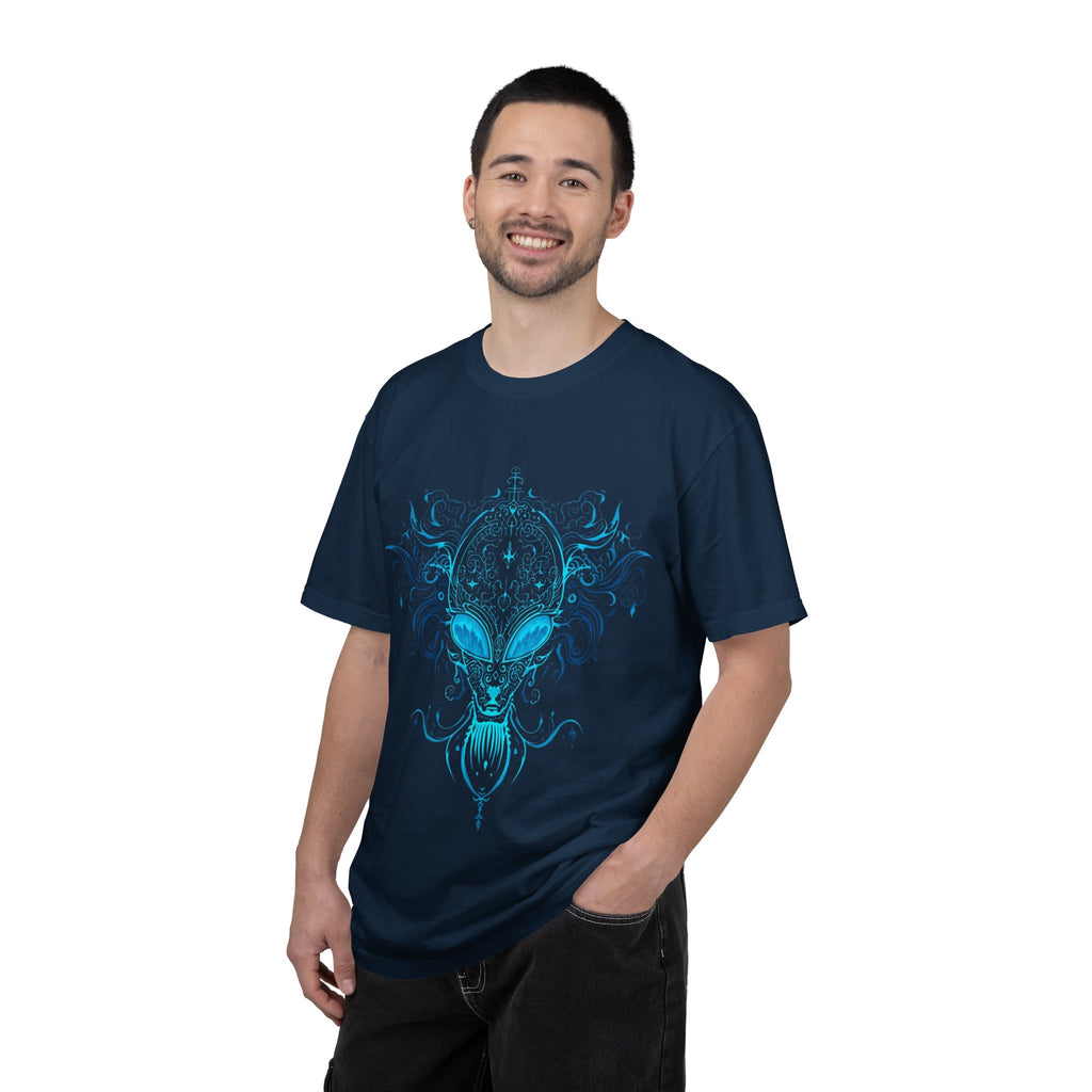 Alien Mask Ornate chinoiserie Blue T-Shirt | Mystical Alien Face Tee