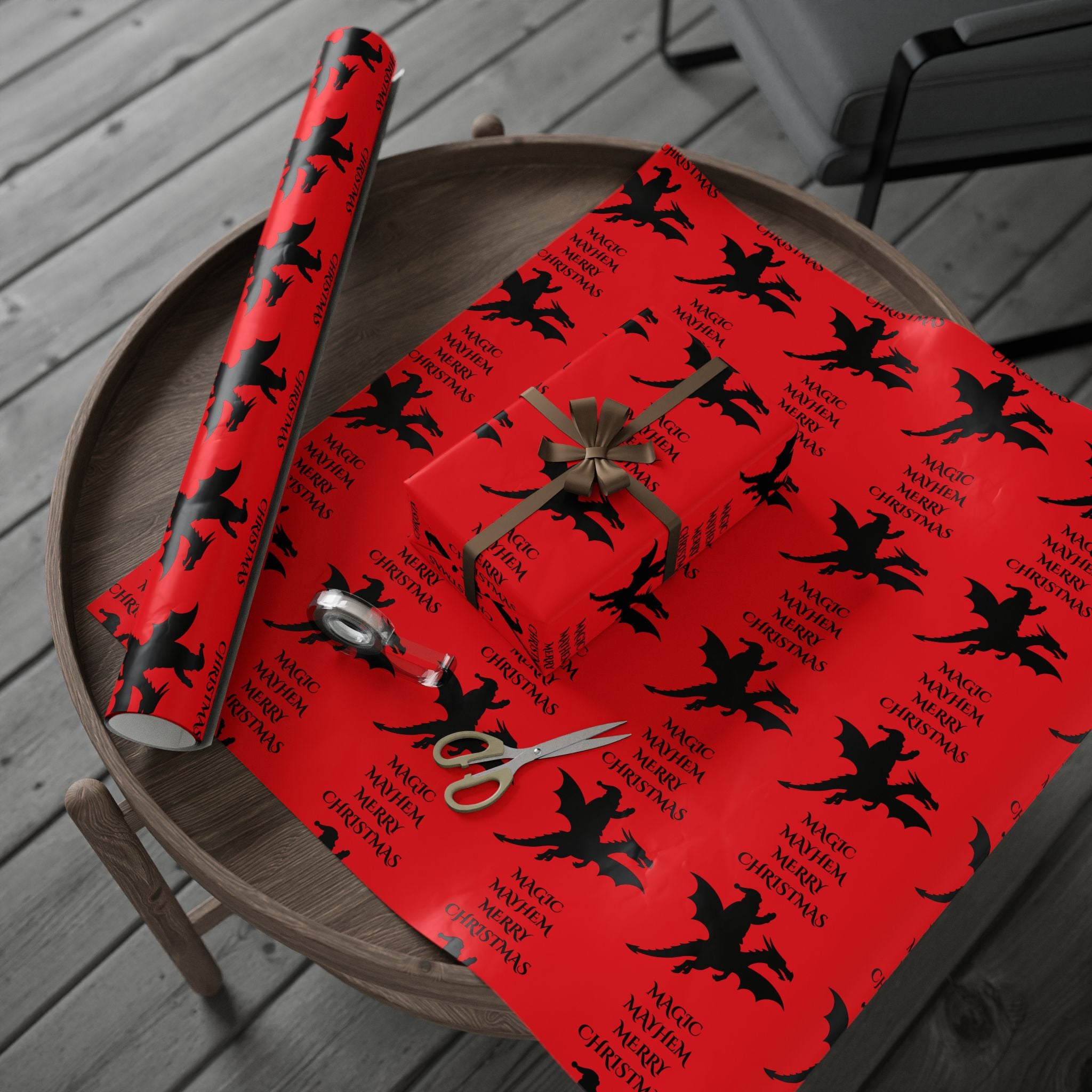 Santa Dragon Magic Mayhem Merry Christmas Wrapping Paper | Halloween Red and Black Santa on a Dragon Print