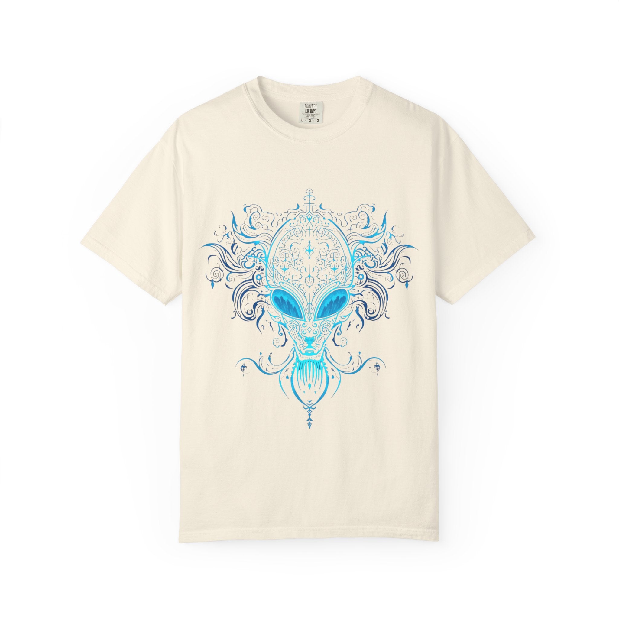 Alien Mask Ornate chinoiserie Blue T-Shirt | Mystical Alien Face Tee