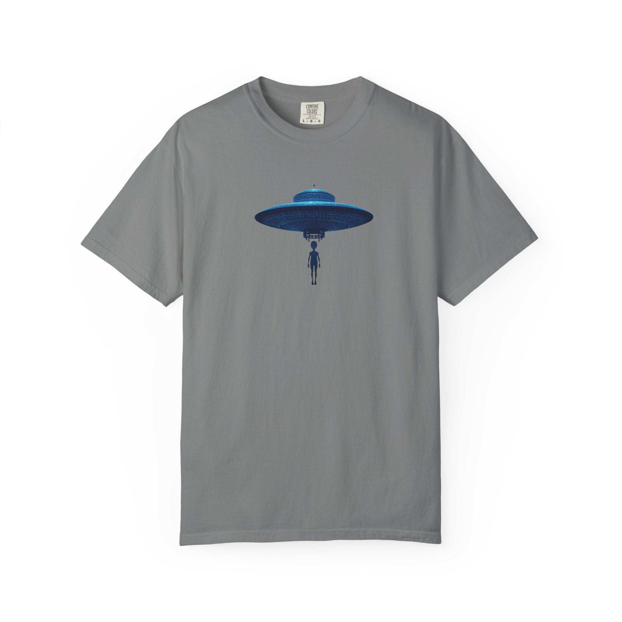 UFO Abduction T-shirt | Minimal Alien Spaceship blue chinoiserie Graphic