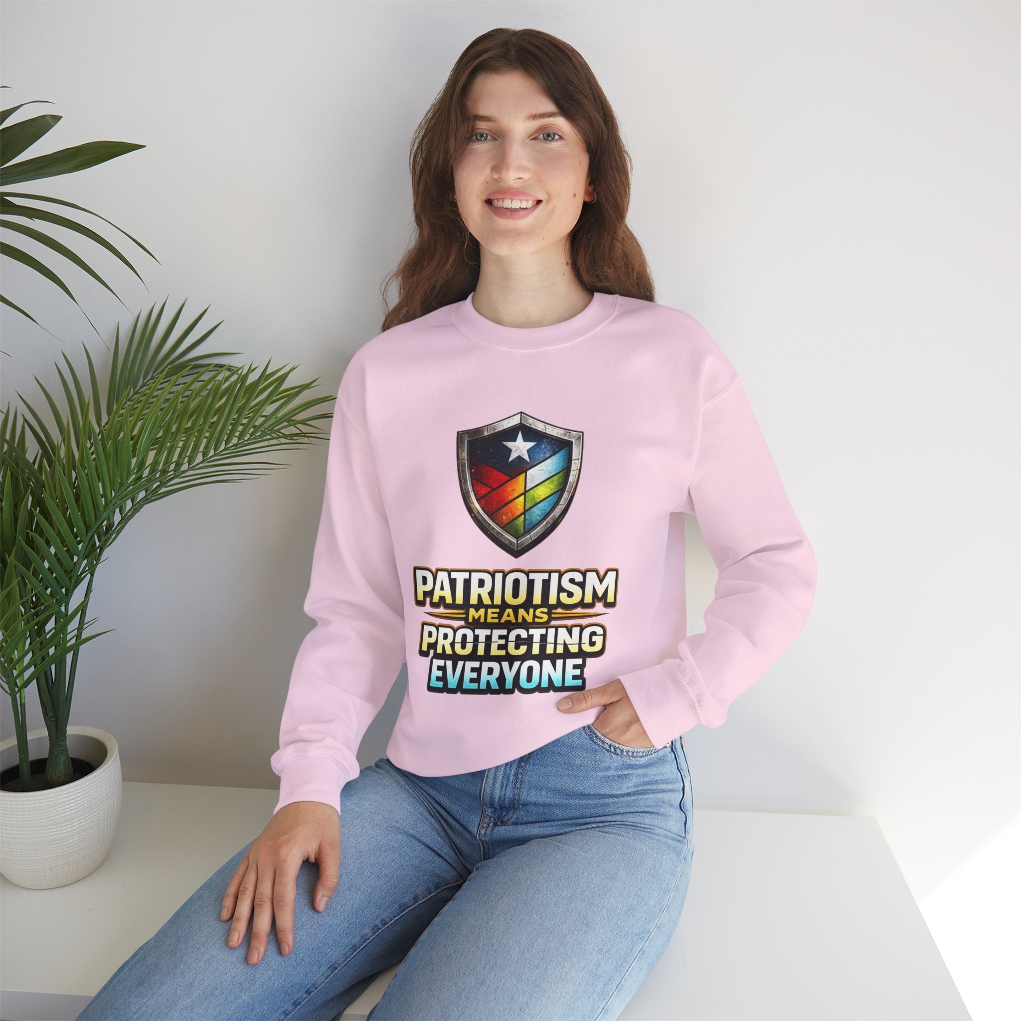 Patriotism Means Protecting Everyone Sweatshirt | Rainbow Shield Flag Design