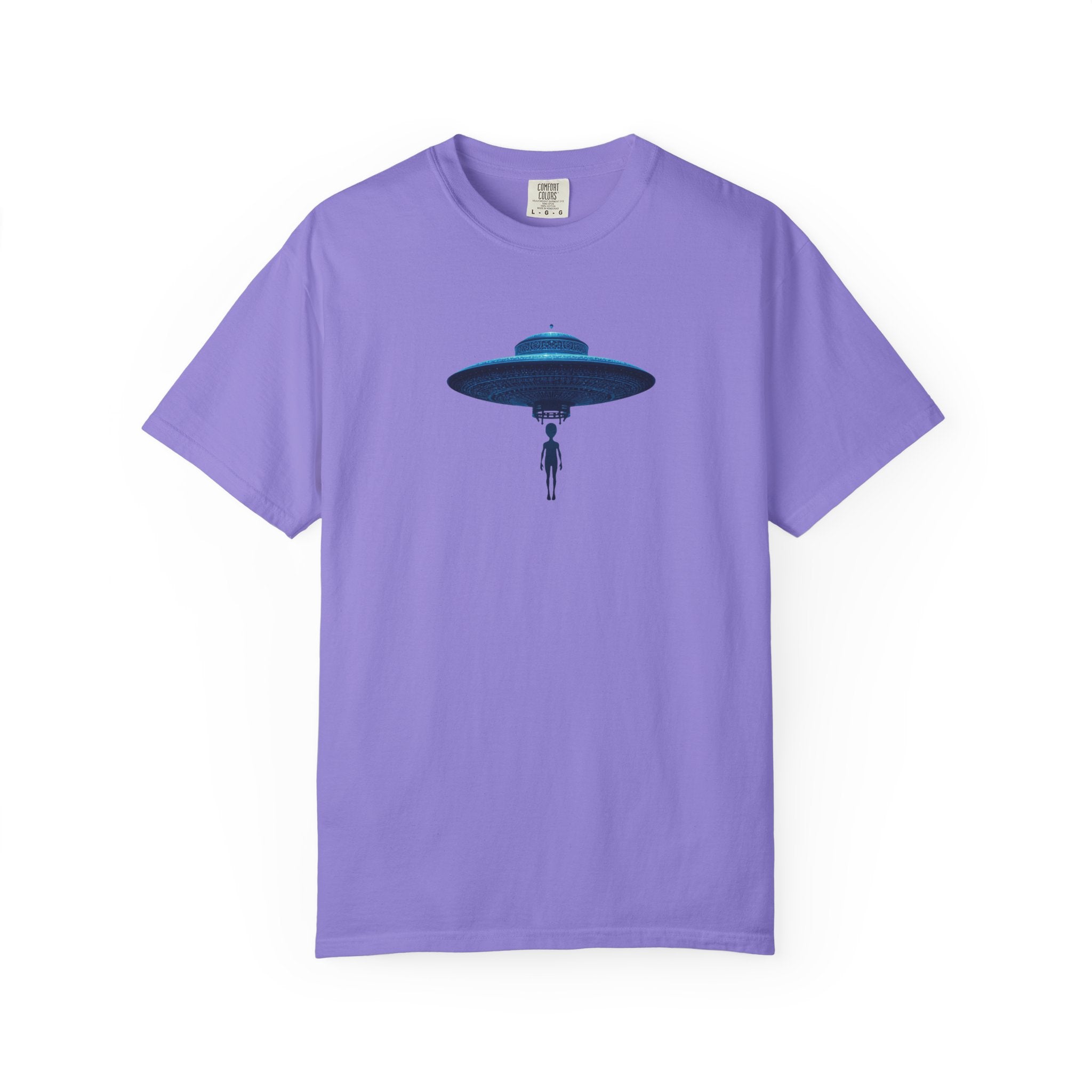 UFO Abduction T-shirt | Minimal Alien Spaceship blue chinoiserie Graphic