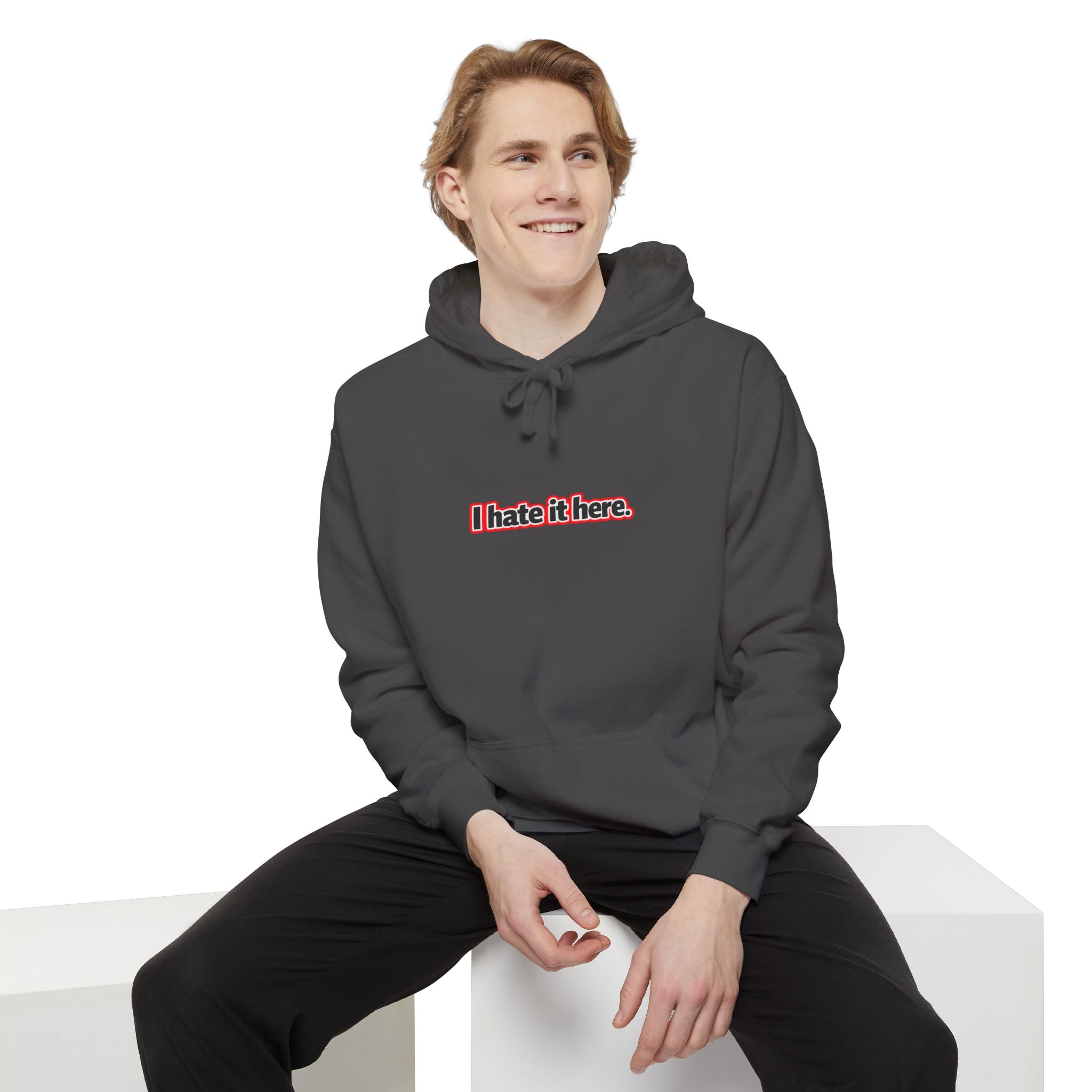 I hate it here, minimalist text design Comfort Colors hoodie
