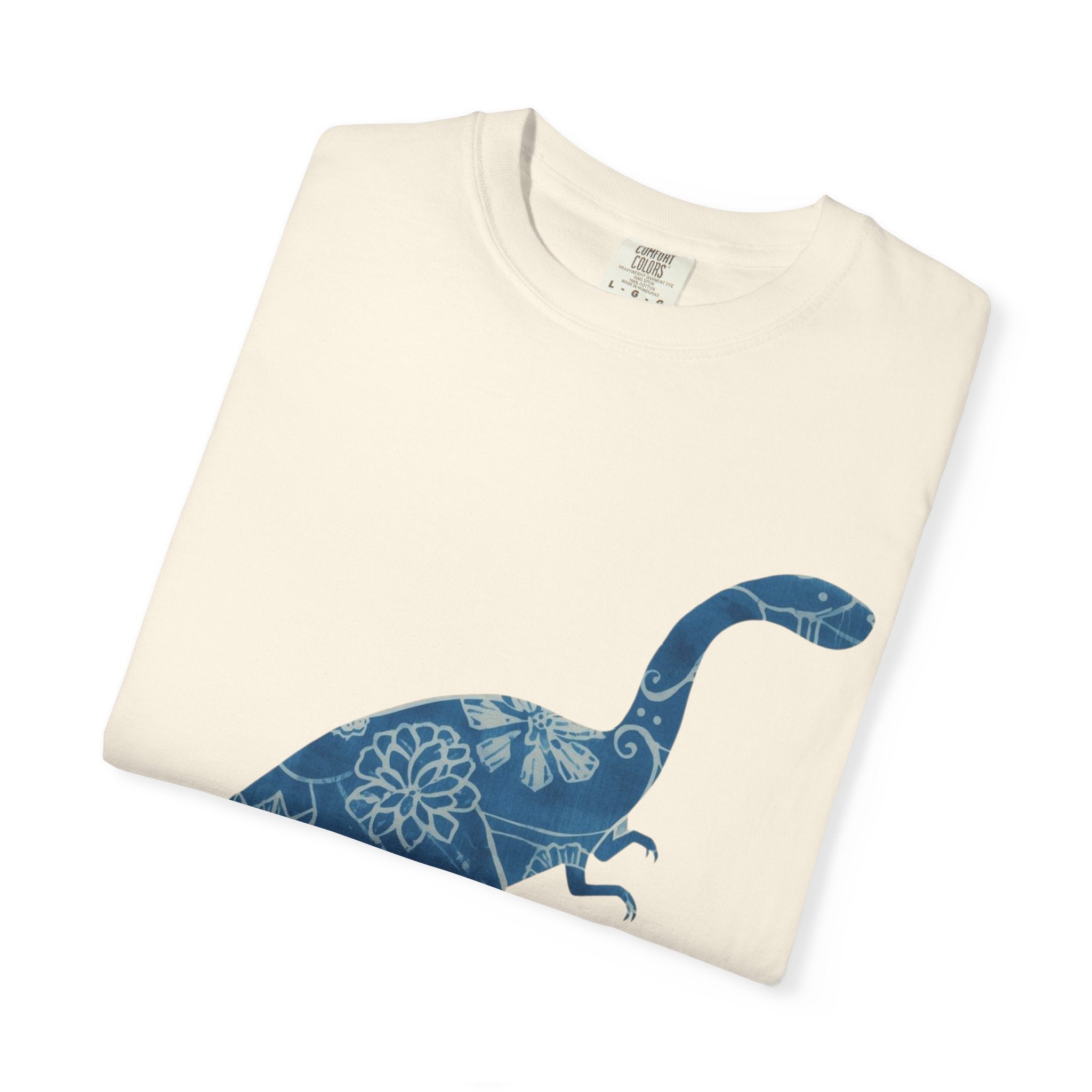 Dinosaur Floral blue chinoiserie Silhouette T-Shirt | Blue Botanical Dino Brontosaurus Tee